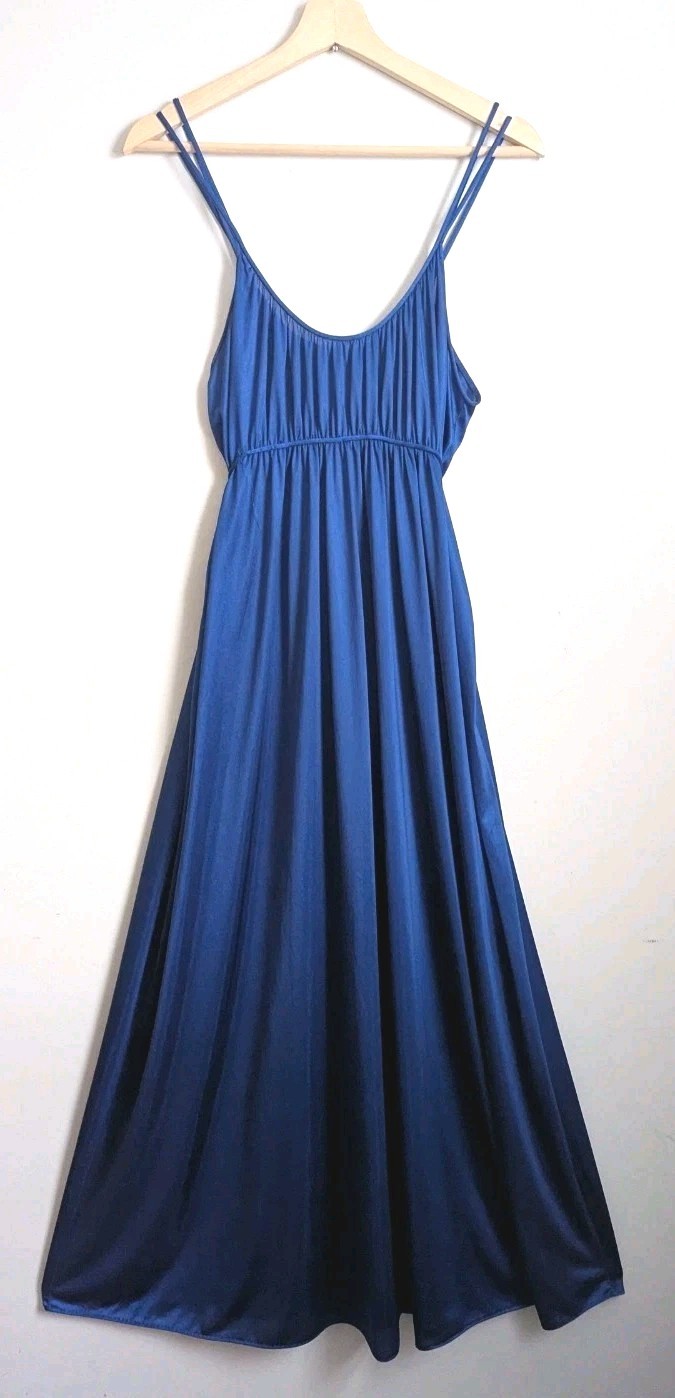 Vtg 70s KAYSER Silky Nylon Nightgown Negligee Slip Dress Maxi L USA Royal Blue