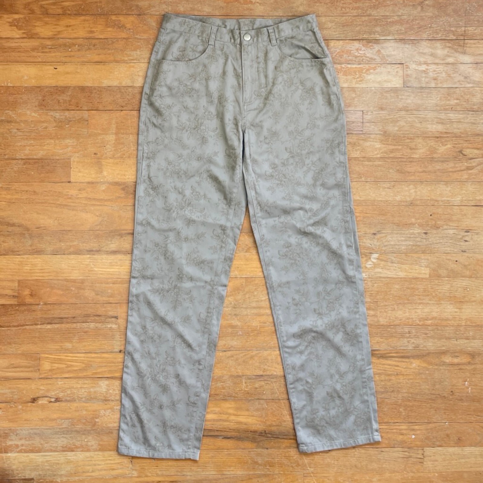 Vintage Floral Print Pants Size Medium 30″ Waist 1990s Taupe Twill Cotton