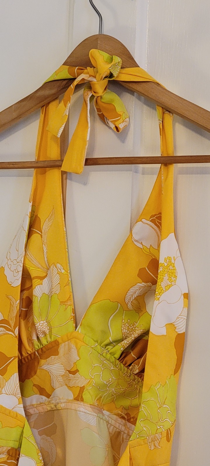 70s Vintage Sunny Yellow Summer Halter Dress With Open Back Ties & Zipper 🌼