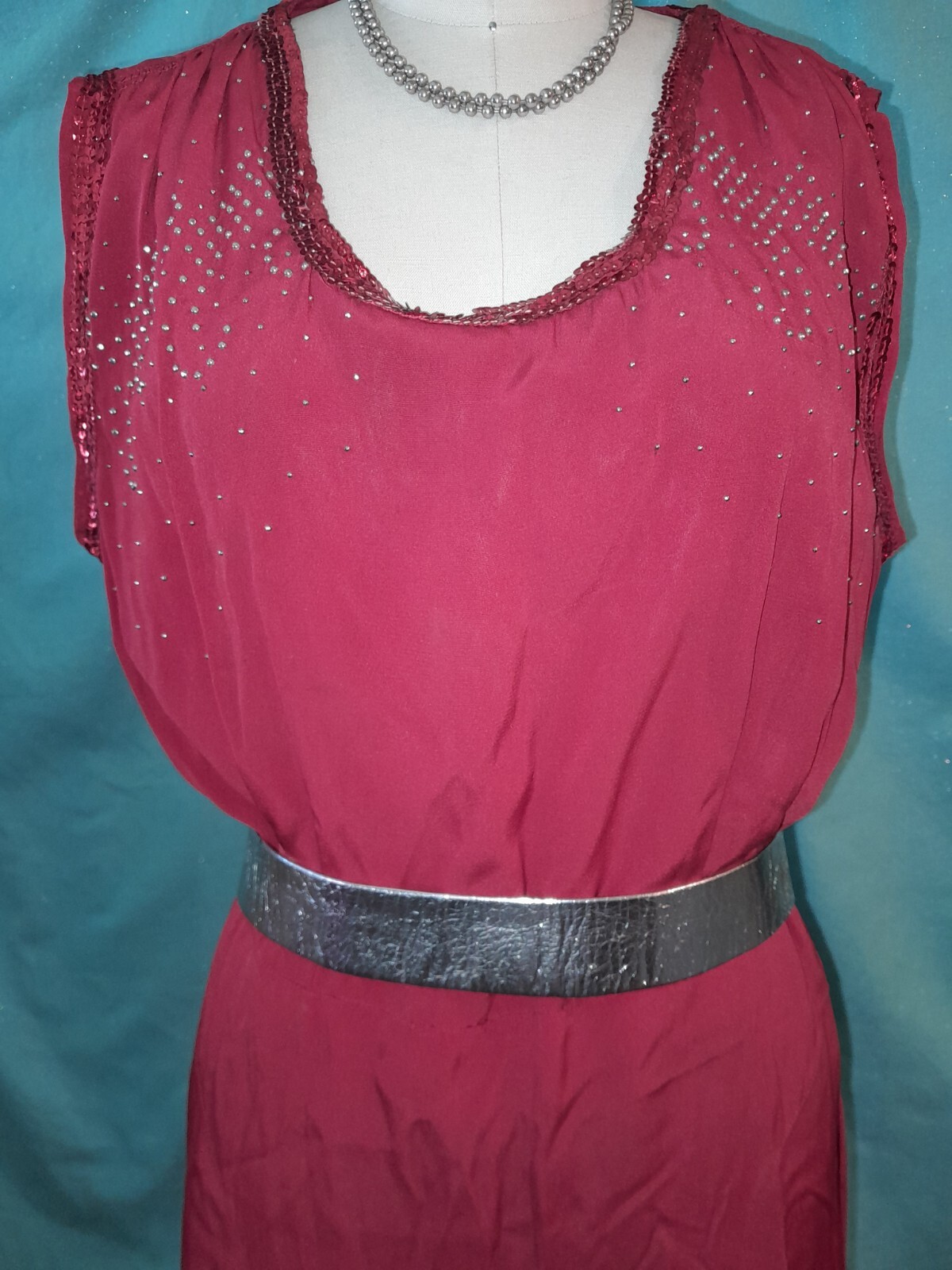Vtg 30s 40s Red Sequin Rayon Crepe Studded Custom Short Party Evening Dress W30