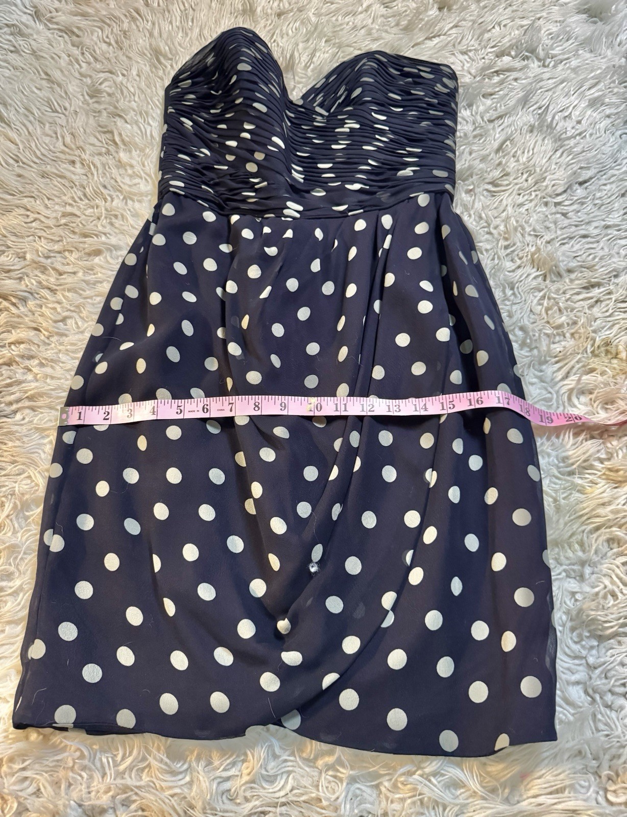 Vtg Kathryn Conover Polka Dot Navy Blue Strapless Bustier Silk Dress Ruched S M