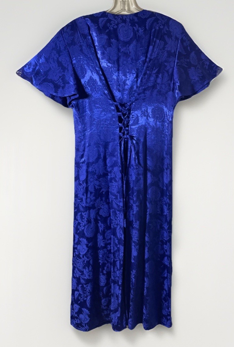 Dressy Betsy Vintage 80’s Royal Blue Floral Midi Dress Women’s 14 Lace Up Back