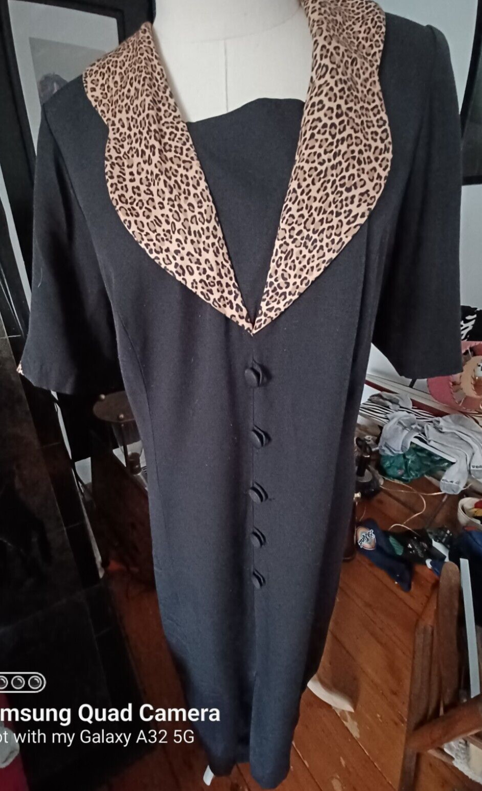 Vintage 80s Black Swing Shift Dress Contrast Leopard Oversized Collar L XL