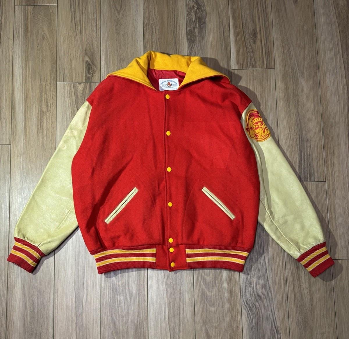 Vintage Letterman Jacket Red Yellow Trojan Woman’s Size L/XL Sailor Collar