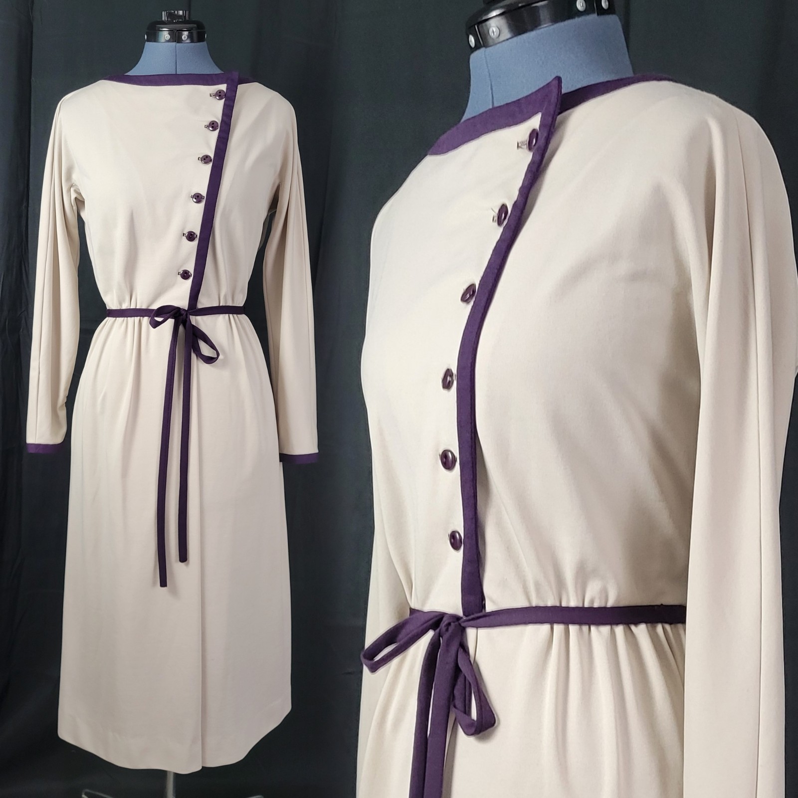 Vintage Applause Beige Dress w Dark Purple Accents & Asymetrical Bodice Size 10