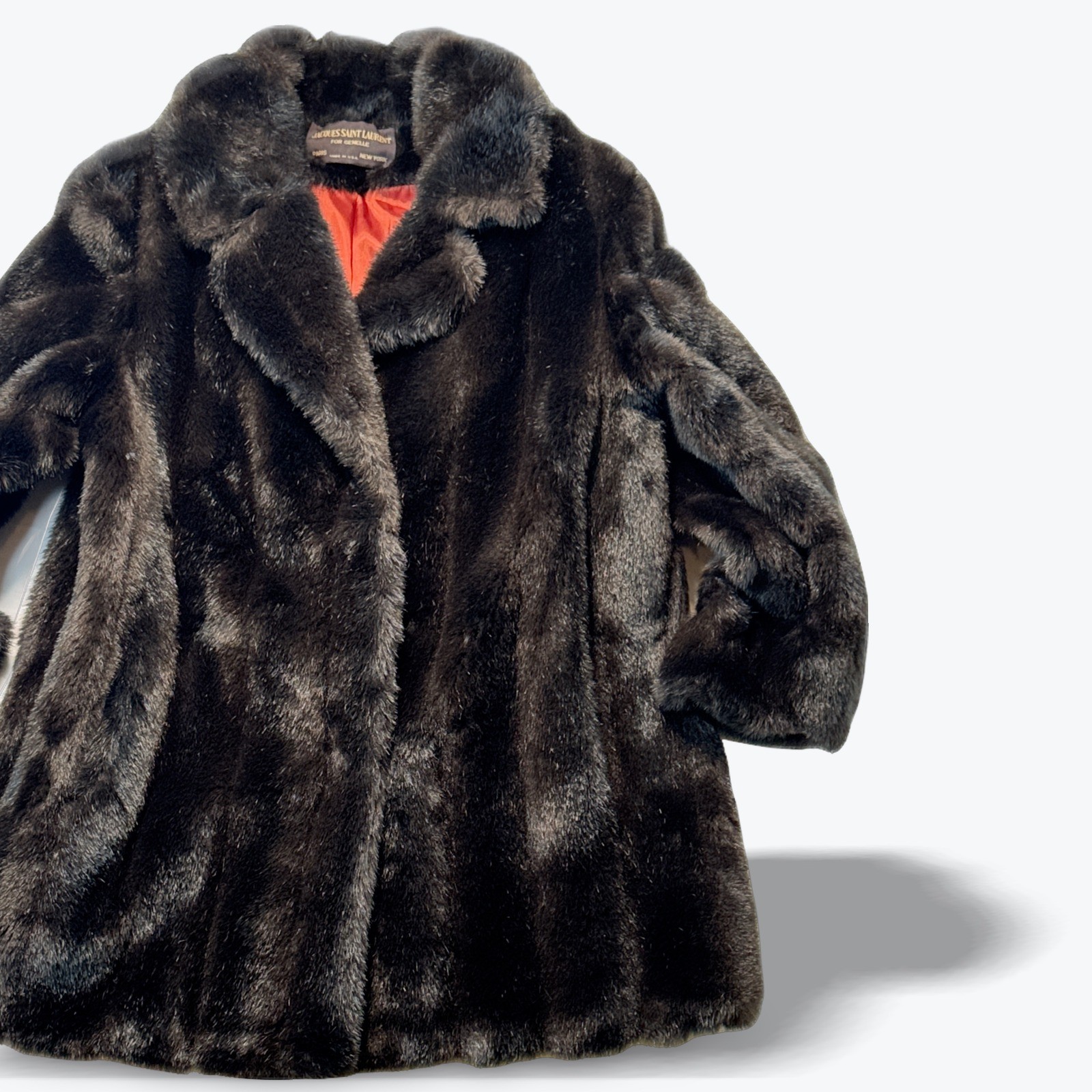 Jacques Saint Laurent for Genelle Vintage Faux Fur Coat Brown Orange Lining L