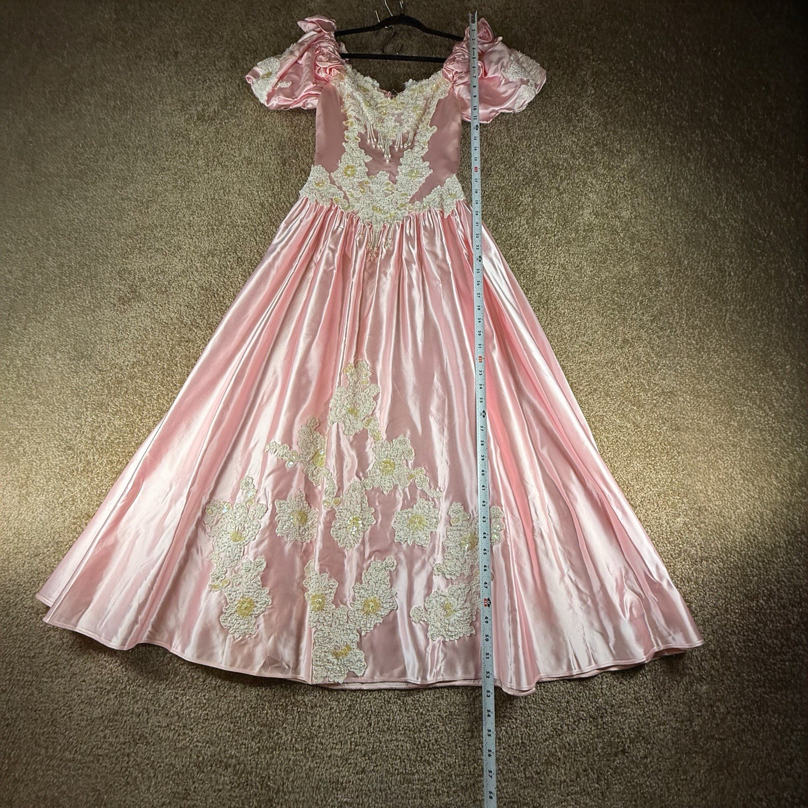 Vintage Pink Satin Gown With Beaded And Lace Details Ruffled Puff Sleeves Small