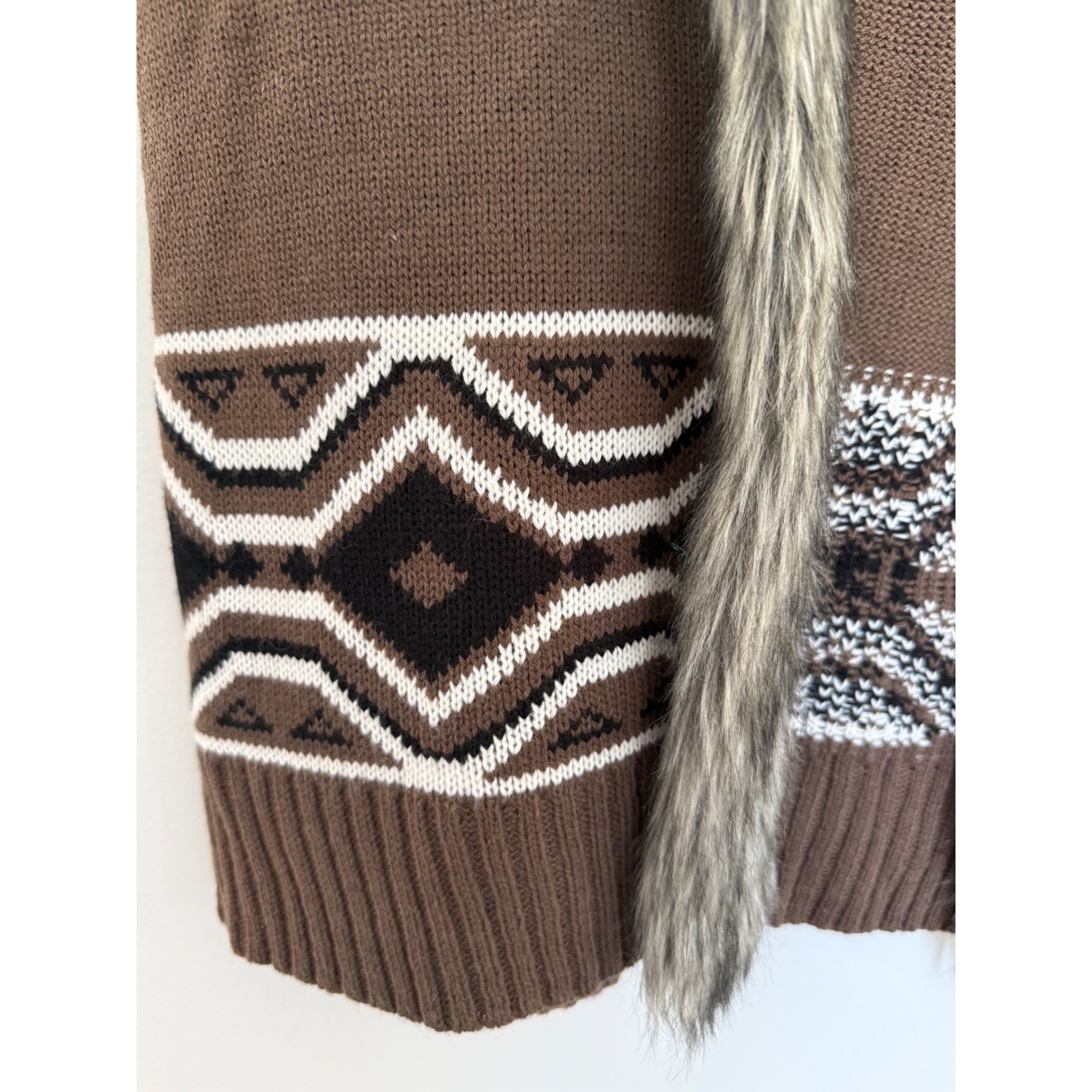Sweater Vest Duster Faux Fur Trim Large Brown Open Front Western Boho Lagenlook