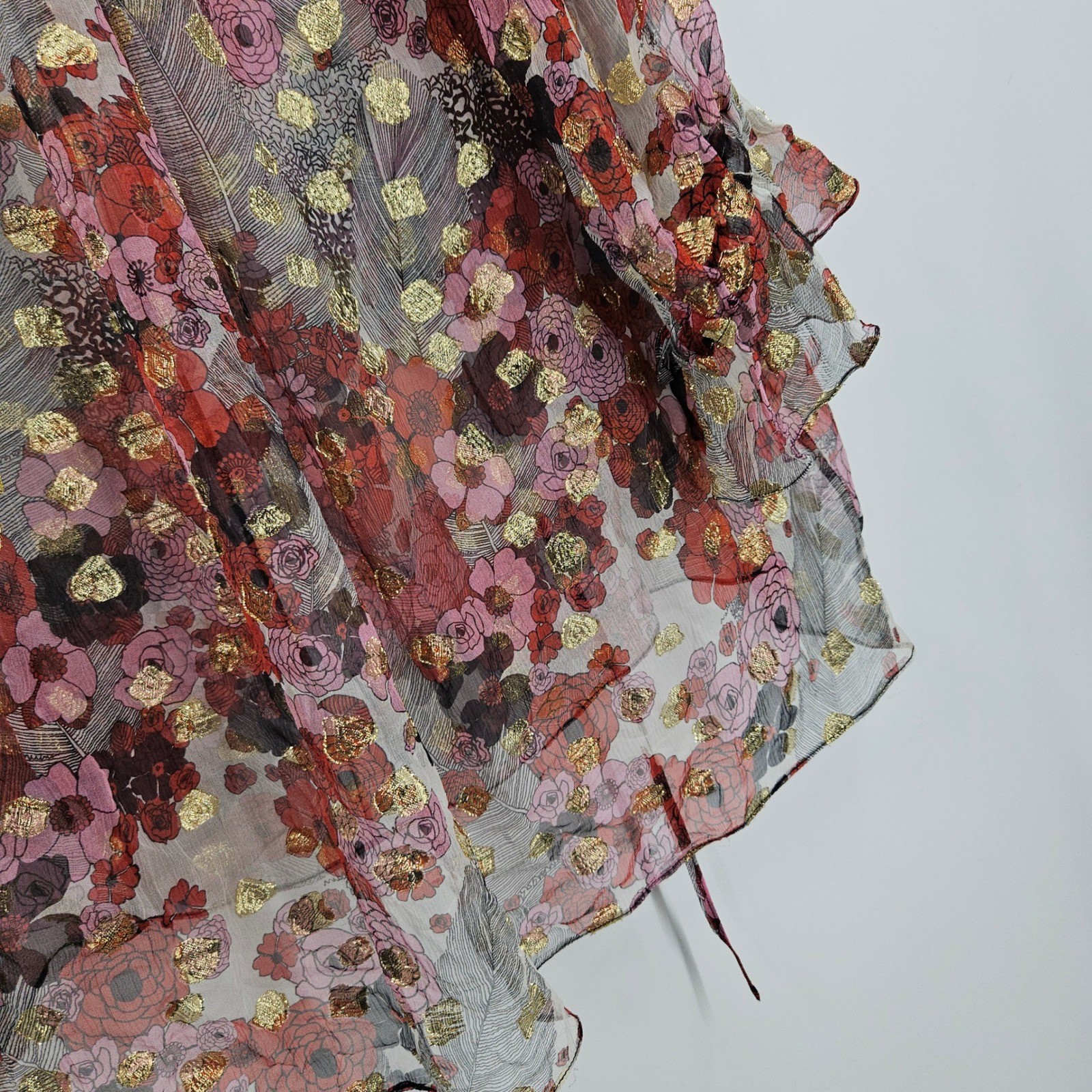 Alexander McQueen Silk Sheer Floral Blouse Maroon Gold Metallic Ruffle Peasant