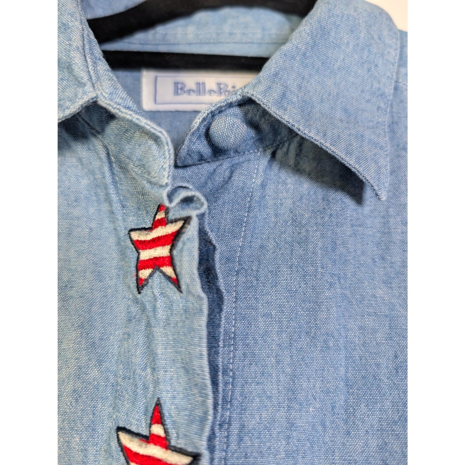 Vintage BellePointe Chambray Shirt Patriotic Star Buttons Americana Cottagecore