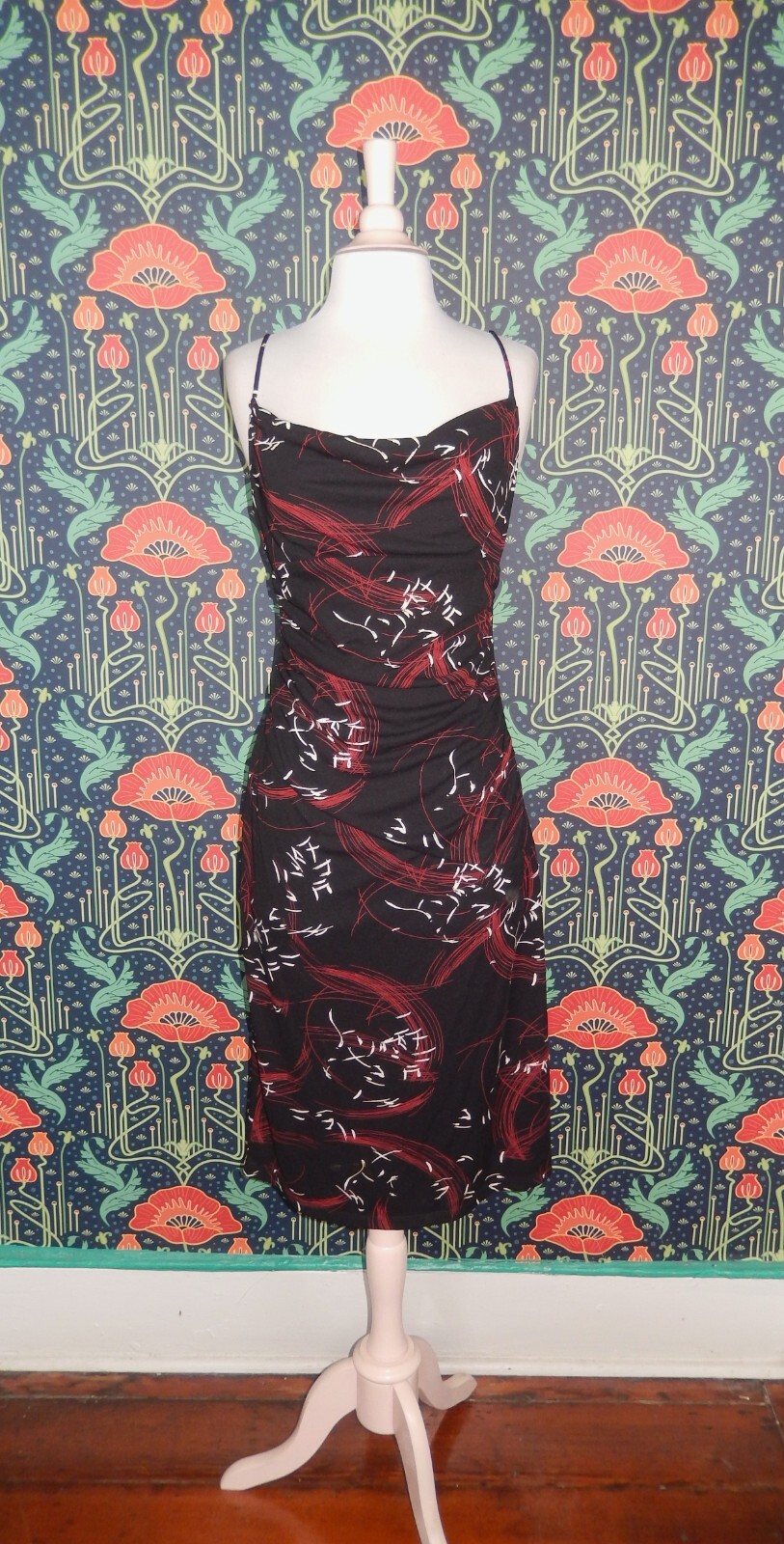 Vintage 90’s Y2K Red Black Cowl Neck SATC Japanese Print Slip Carrie Dress
