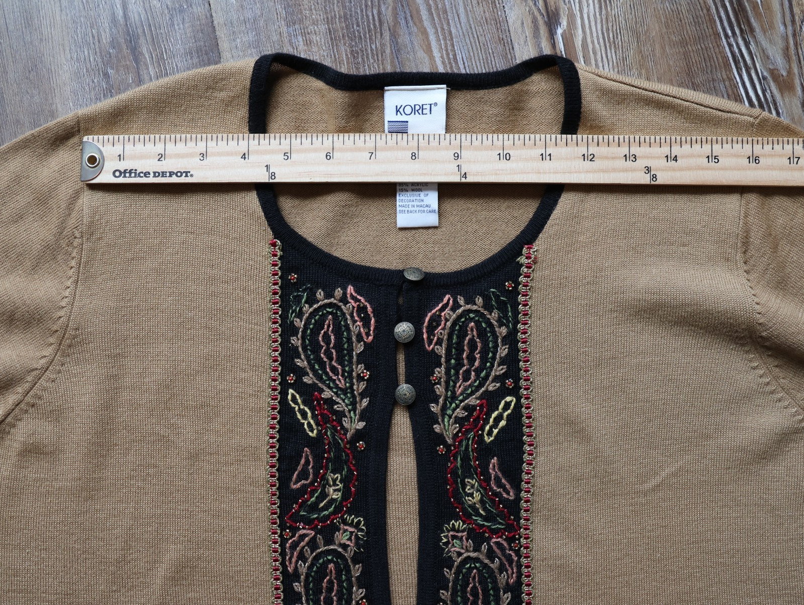 Vintage Koret Paisley Embroidered Beaded Cardigan Boho Tan Black Womens 1X