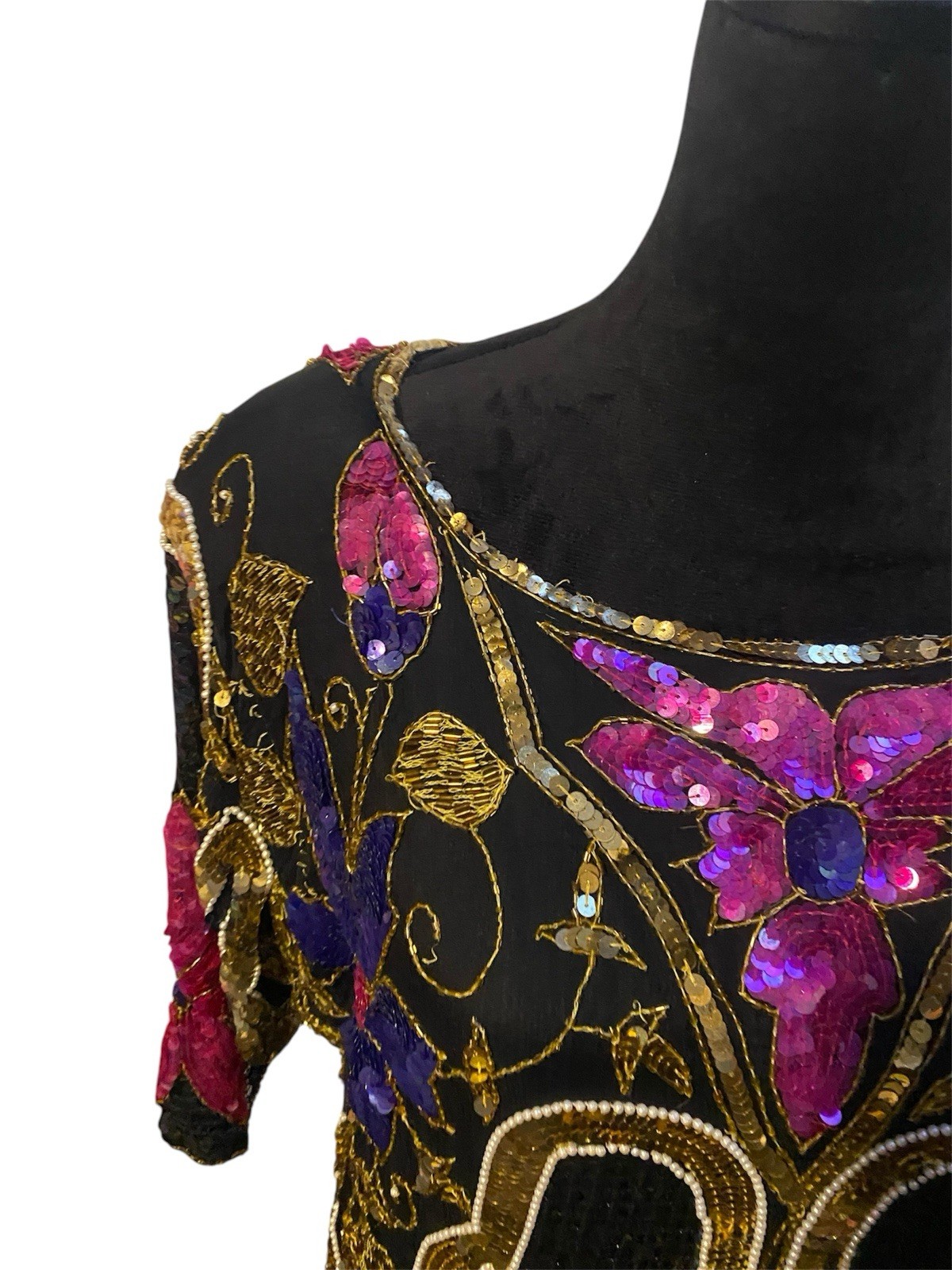 Vintage Chanson D’Amour Womens Dress sz L Black 100% Silk Sequin Beaded 80s
