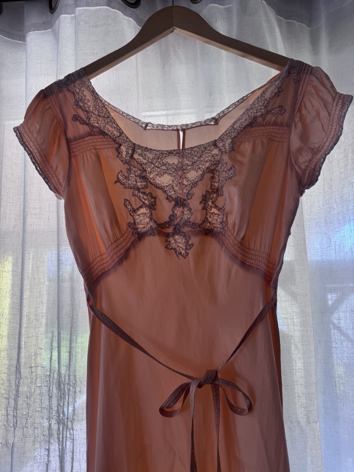 1930s Silk Lace Bias Cut Gown – Peach Blush Sheer Evening Dress Nightgown