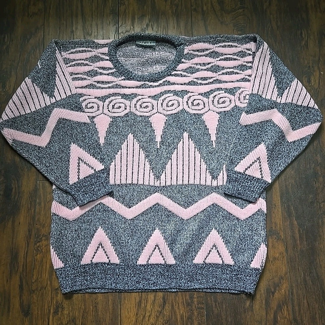 Vintage ADELE 80s Sweater Pink Black Geometric Knit Pullover 20×24 Retro M USA
