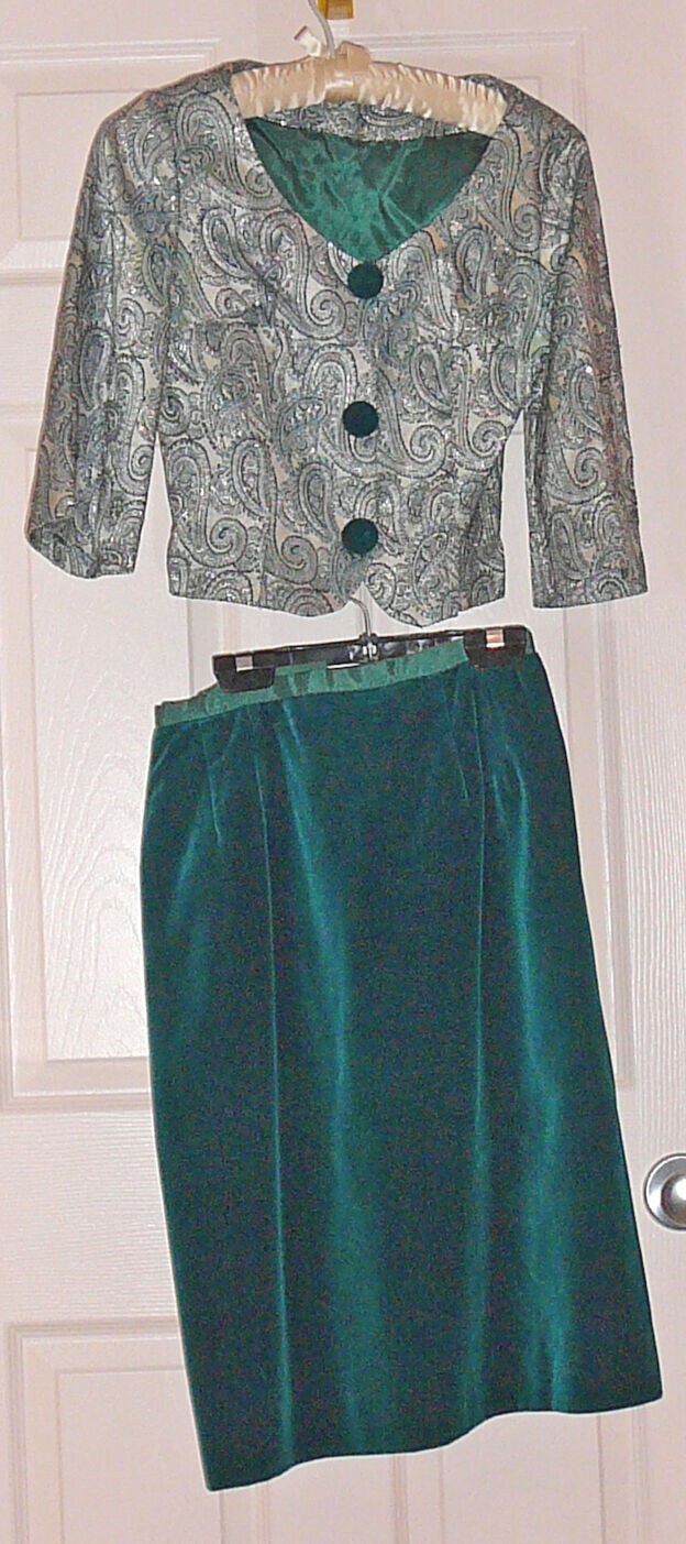 Green velvet skirt and brocade jacket two-piece vintage outfit. Custom made
