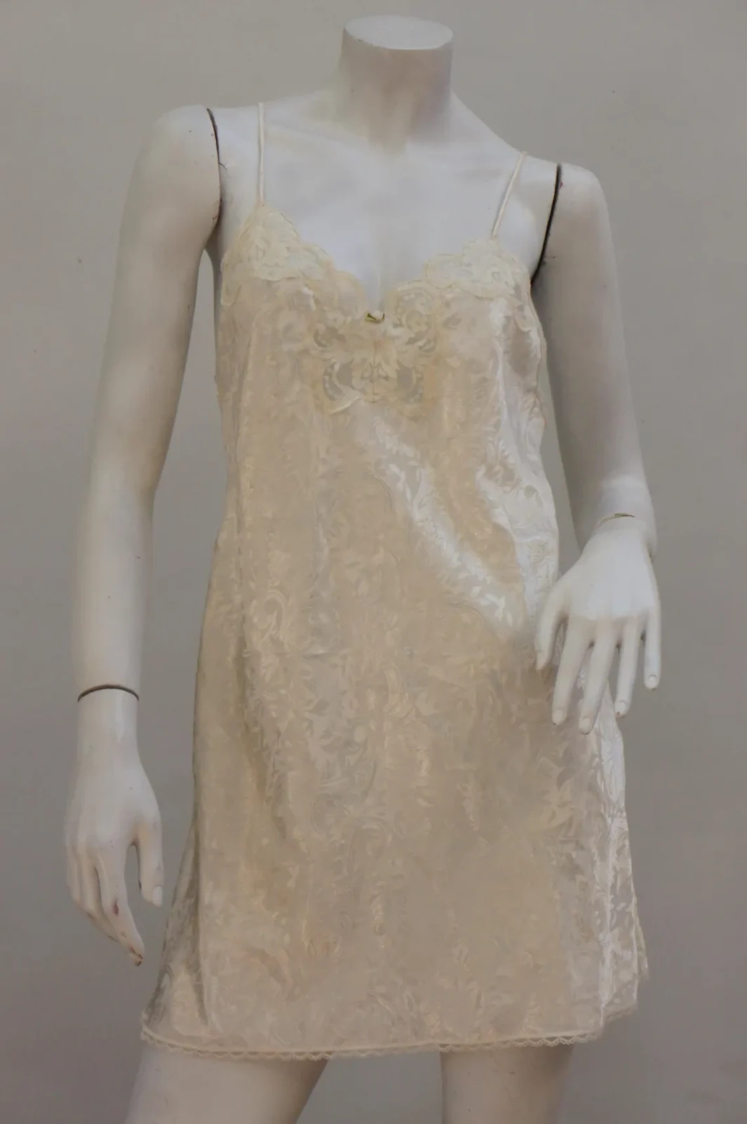 Vintage Creme Damask Print Short Satin Slip Dress By LA II Negligee Lingerie
