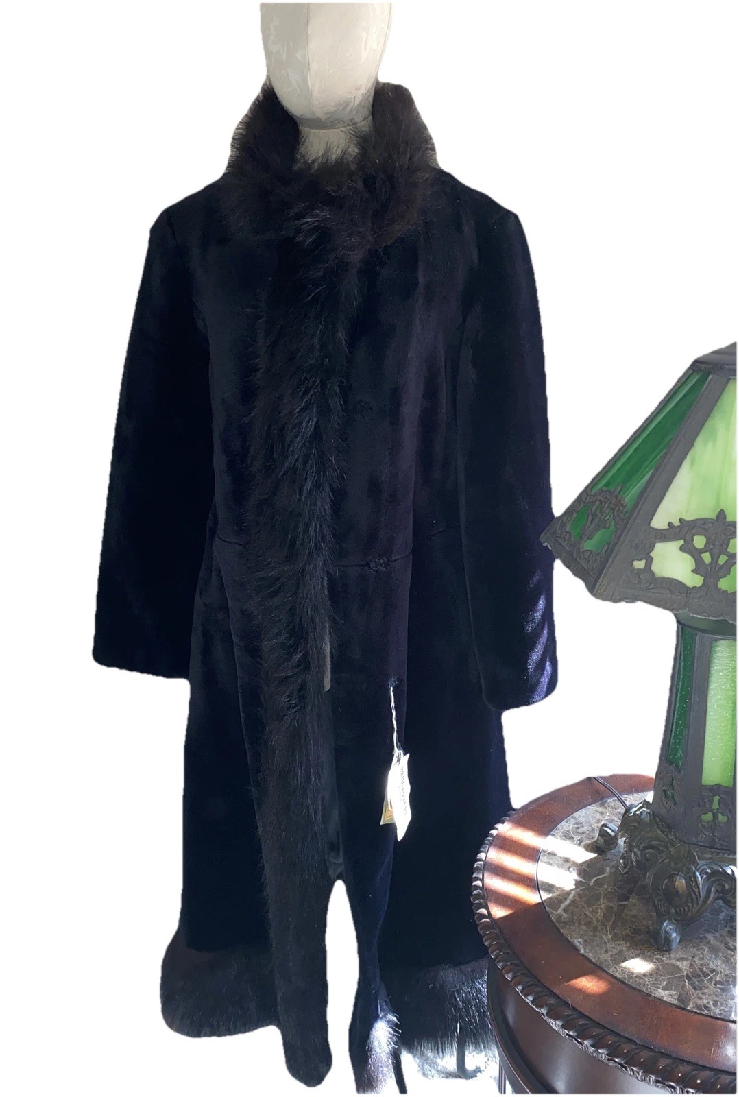 Irving Posluns Black Glam Raccoon Trimmed Orlon Coat New Old Stock NWT Sz M