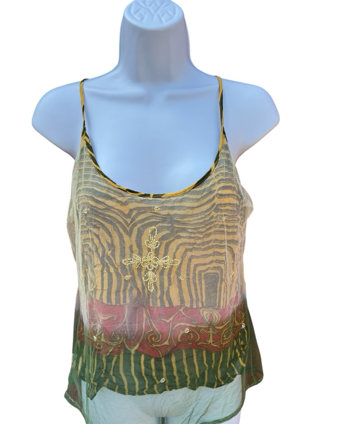 Vintage 90s Y2K Sheer Mesh Lace Beaded Tank Tattoo Grunge Goth Alt Earth Fairy