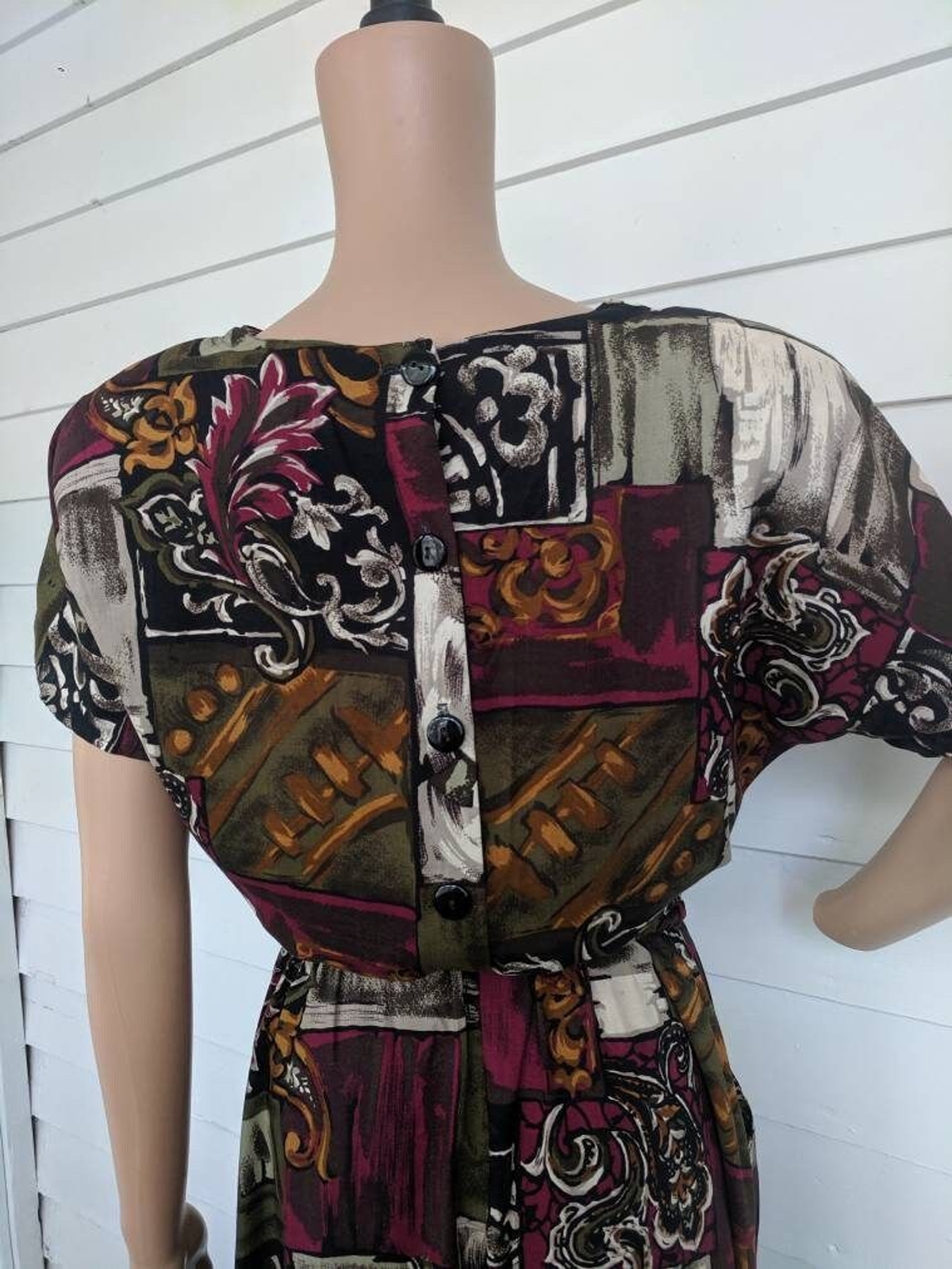 80s Print Dress Button Back Vintage Paquette S