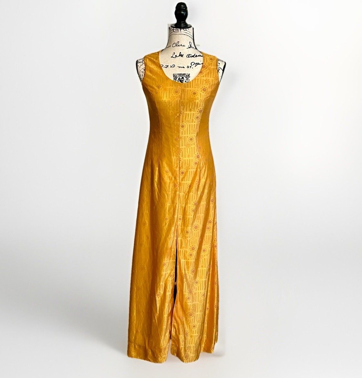 Vintage 60s 70s Mustard Yellow Maxi Dress Floral MCM