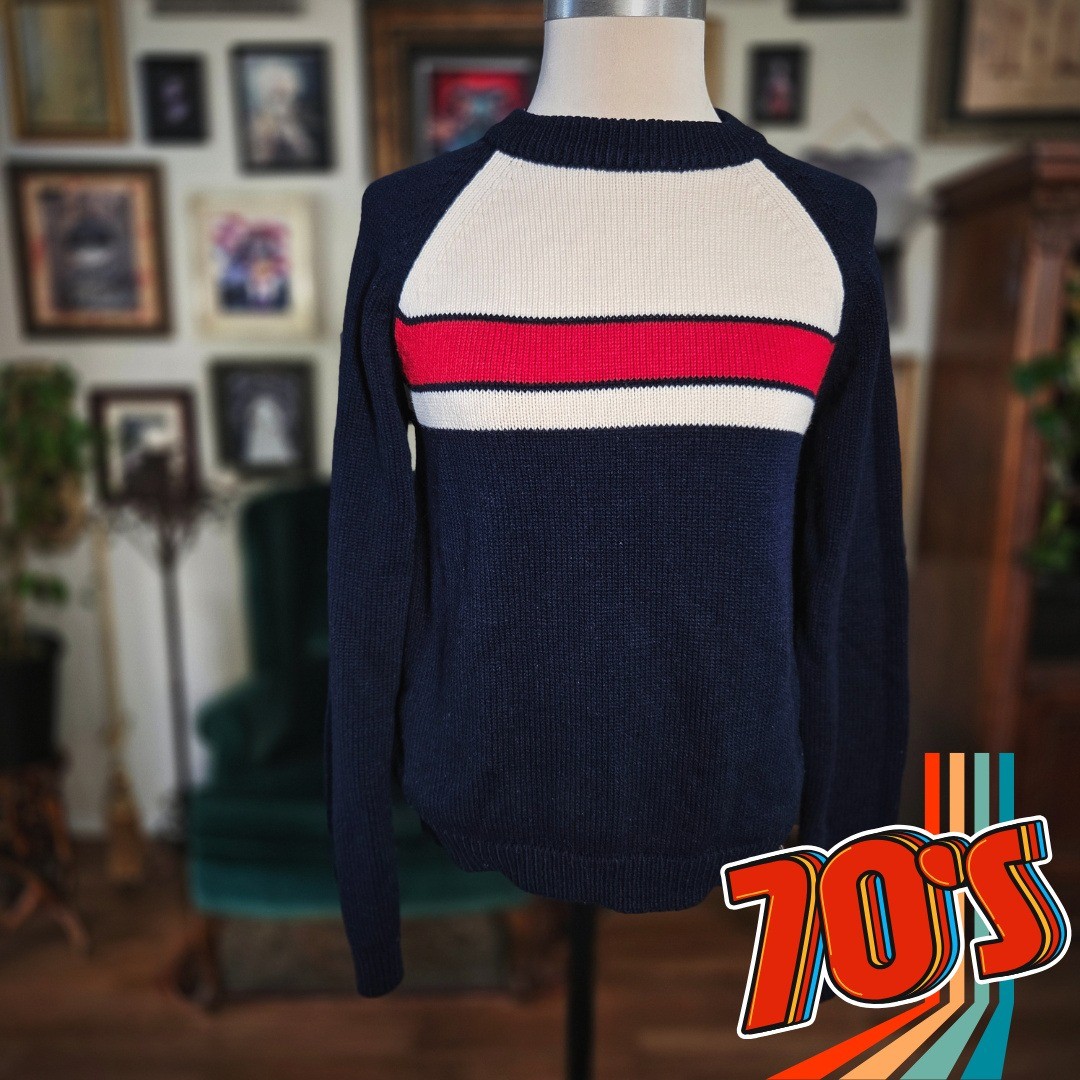 Scooters Sweater Vintage 70s Navy Blue White Red Stripe Knit Raglan Mod S Small