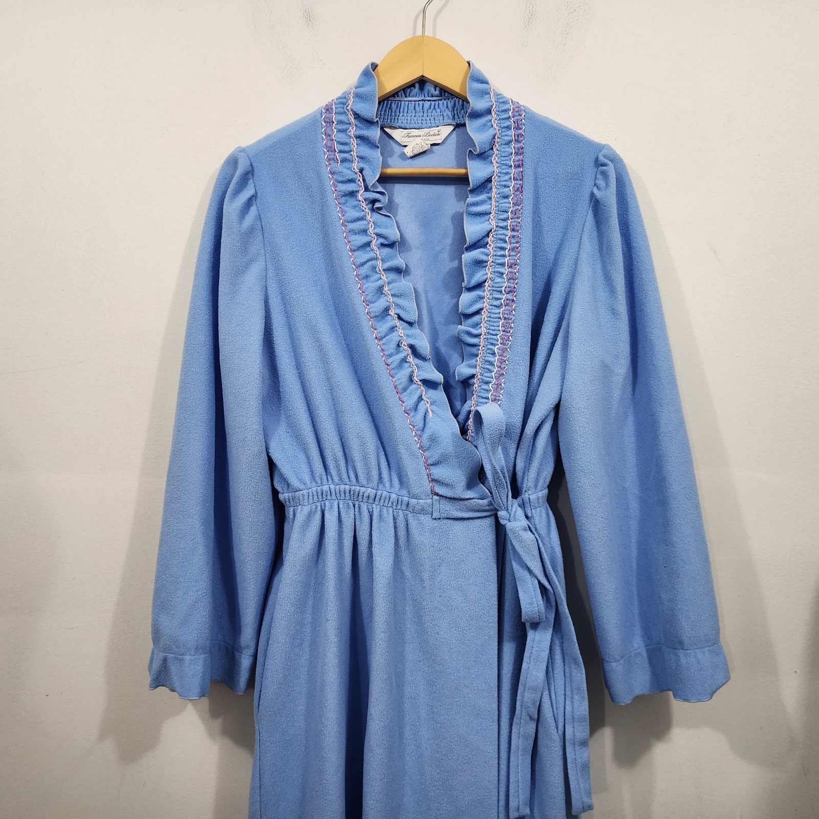 Vintage Famous Bodies Blue Terry Cloth Maxi Robe Ruffled Neckline Tie Waist Sz L