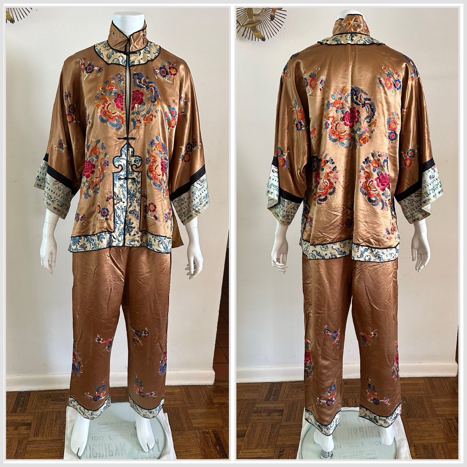 1930s Chinese Silk Embroidered Pajama Lounge Set Moths Bats Art Deco Talon Zip