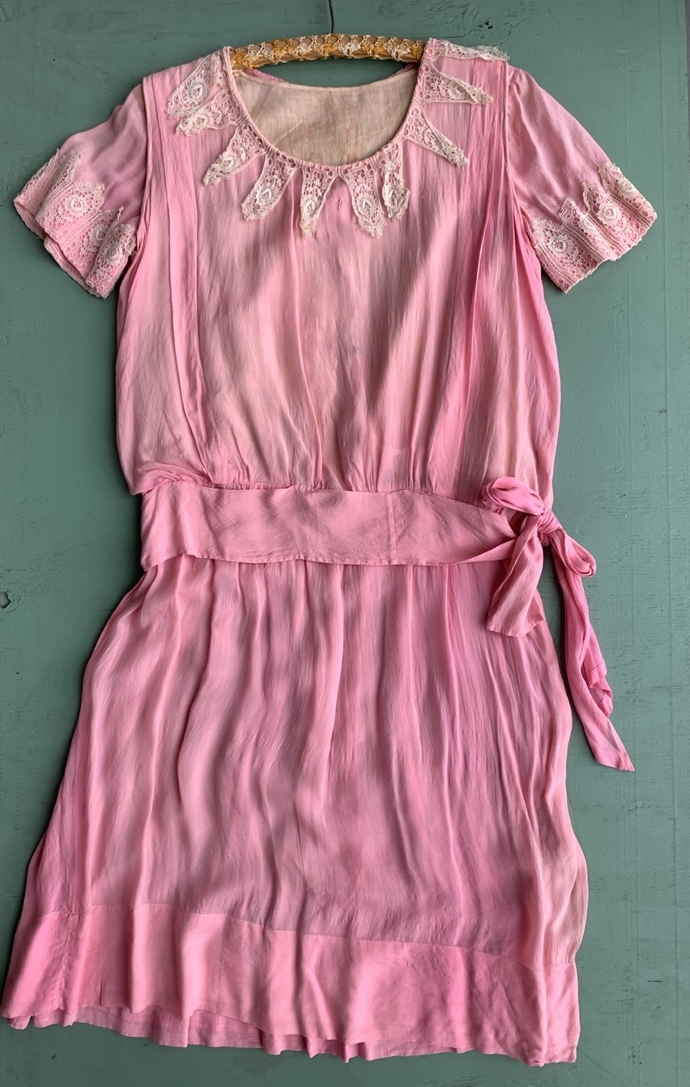 Antique 1920s Bubblegum Pink Silk Dress Lace Trim Size XS S