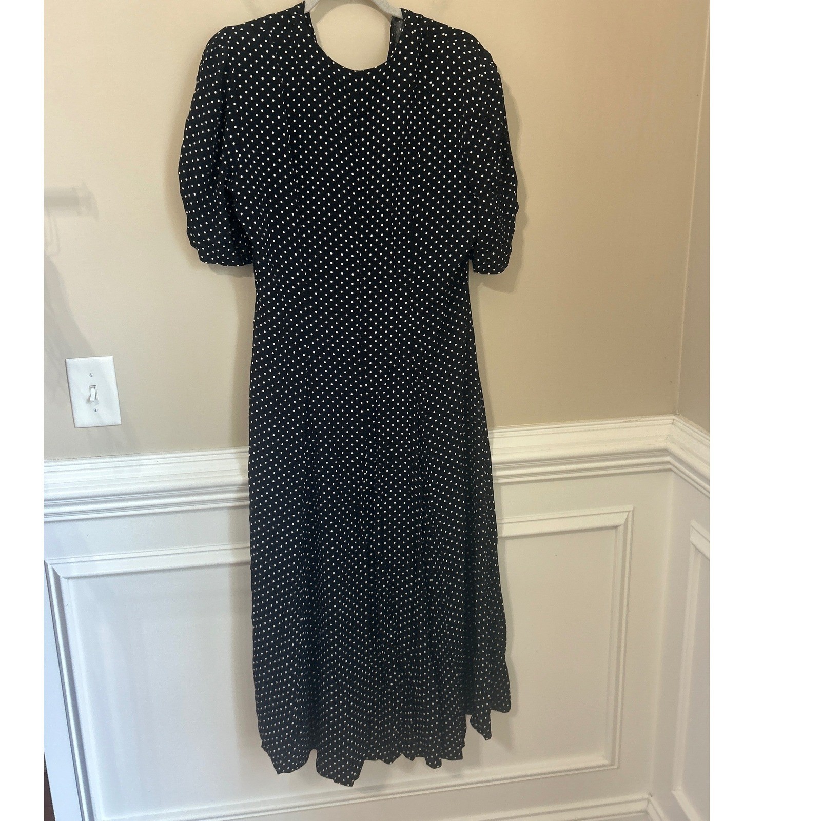 Vintage 90s Express Size 9/10 Midi Dress Puff Sleeve Black White Polka Dot
