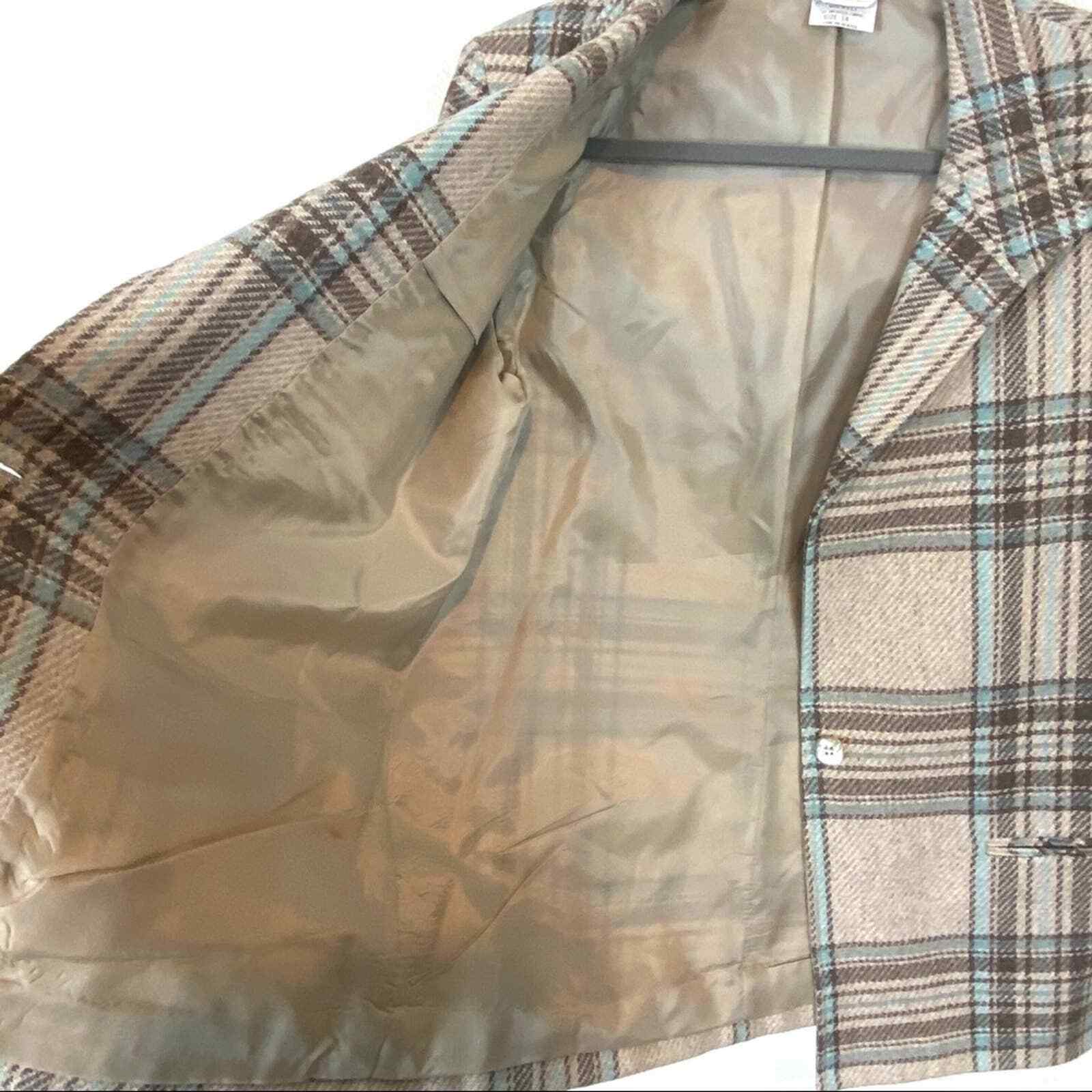 Plaid Preppy Blazer Women’s SZ 14 Taupe Brown Gray Blue Long Sleeve Vtg Tan Jay
