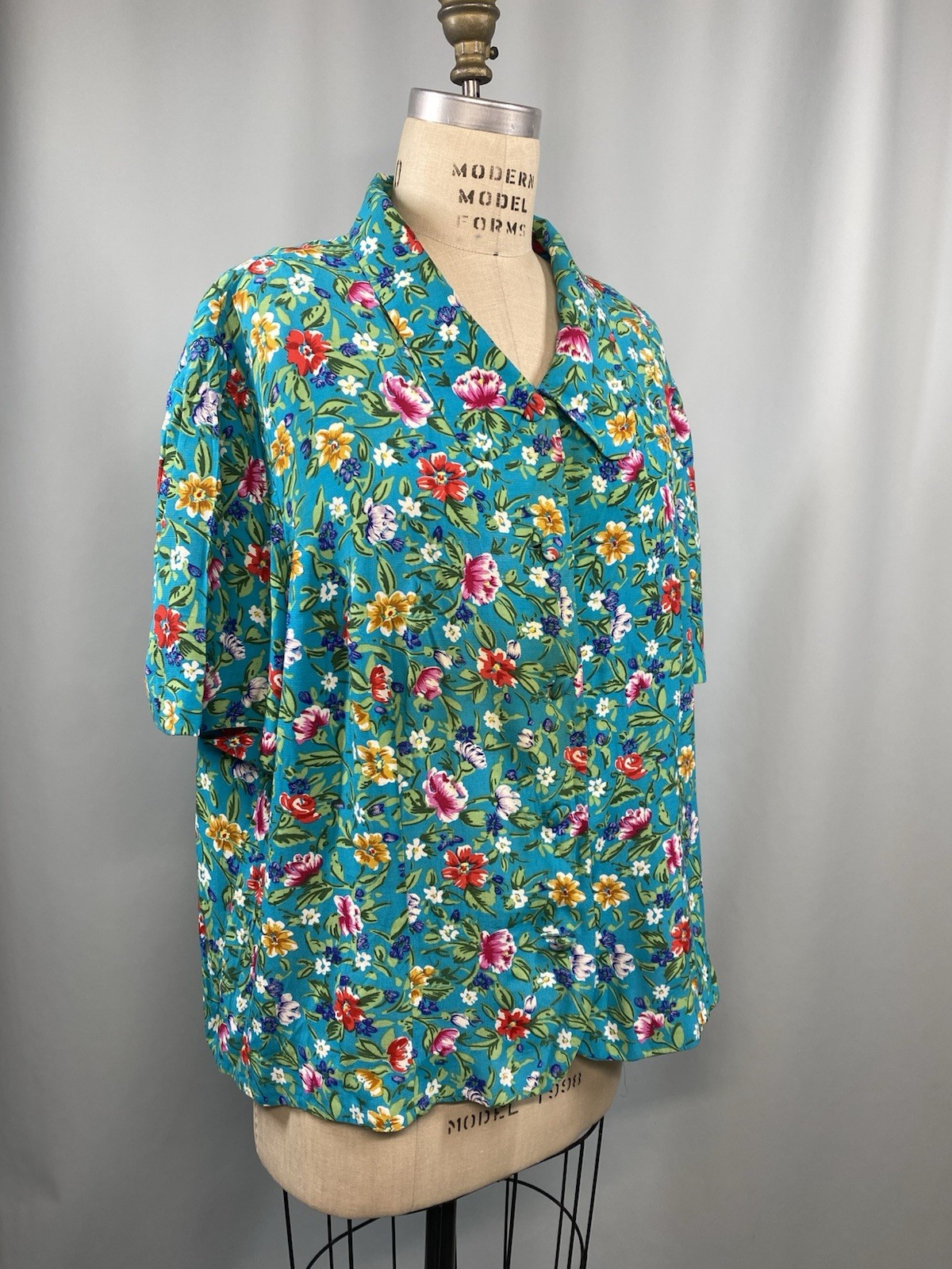 Vintage Blouse SIZE 22 floral teal MAGGY LONDON rayon 80s 90s