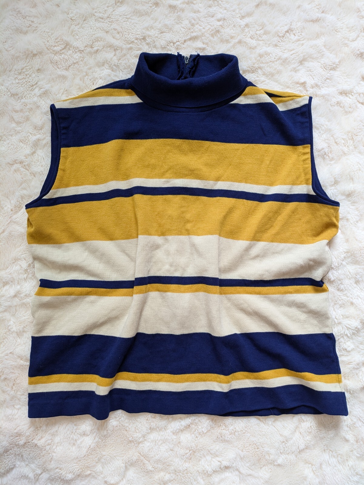 Vintage Mod Mock Neck Sleeveless Knit Layering Top Blue Yellow Stripes Large