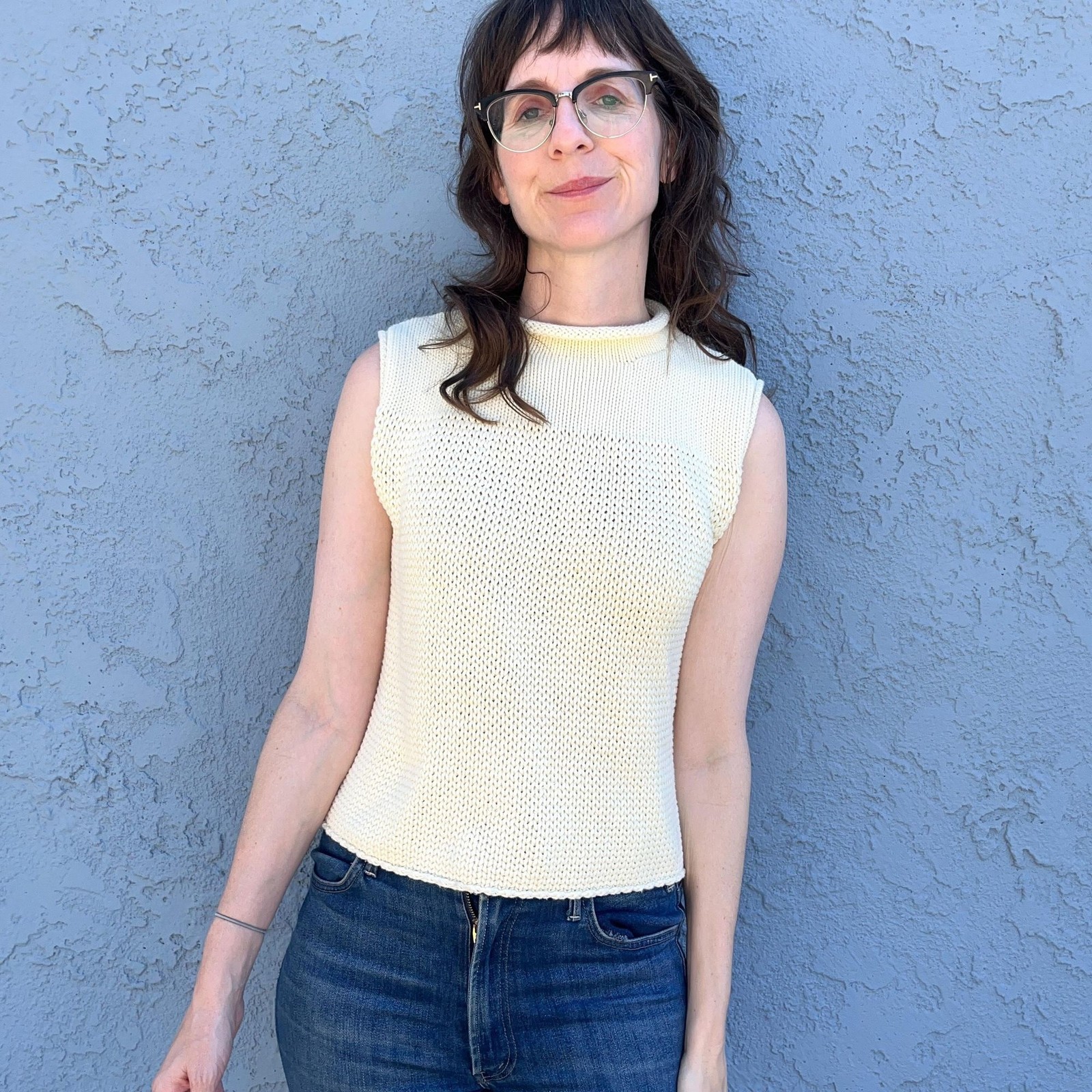 Vintage Sleeveless Sweater Small Cream 90s Minimalist Style