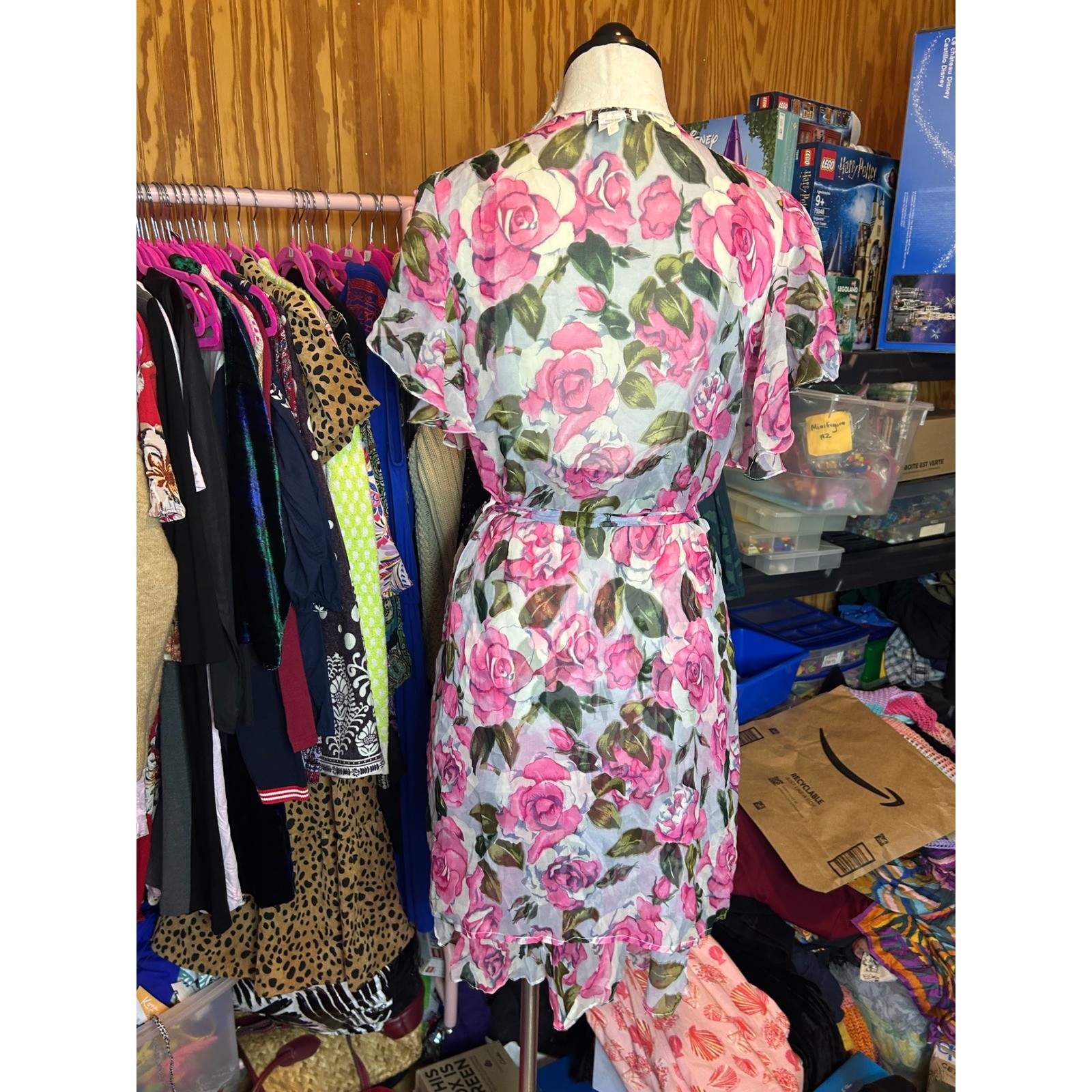 Lasoie SILK Pink Floral Rose Flutter Sleeve Nightgown 2 Piece Lingerie VTG L