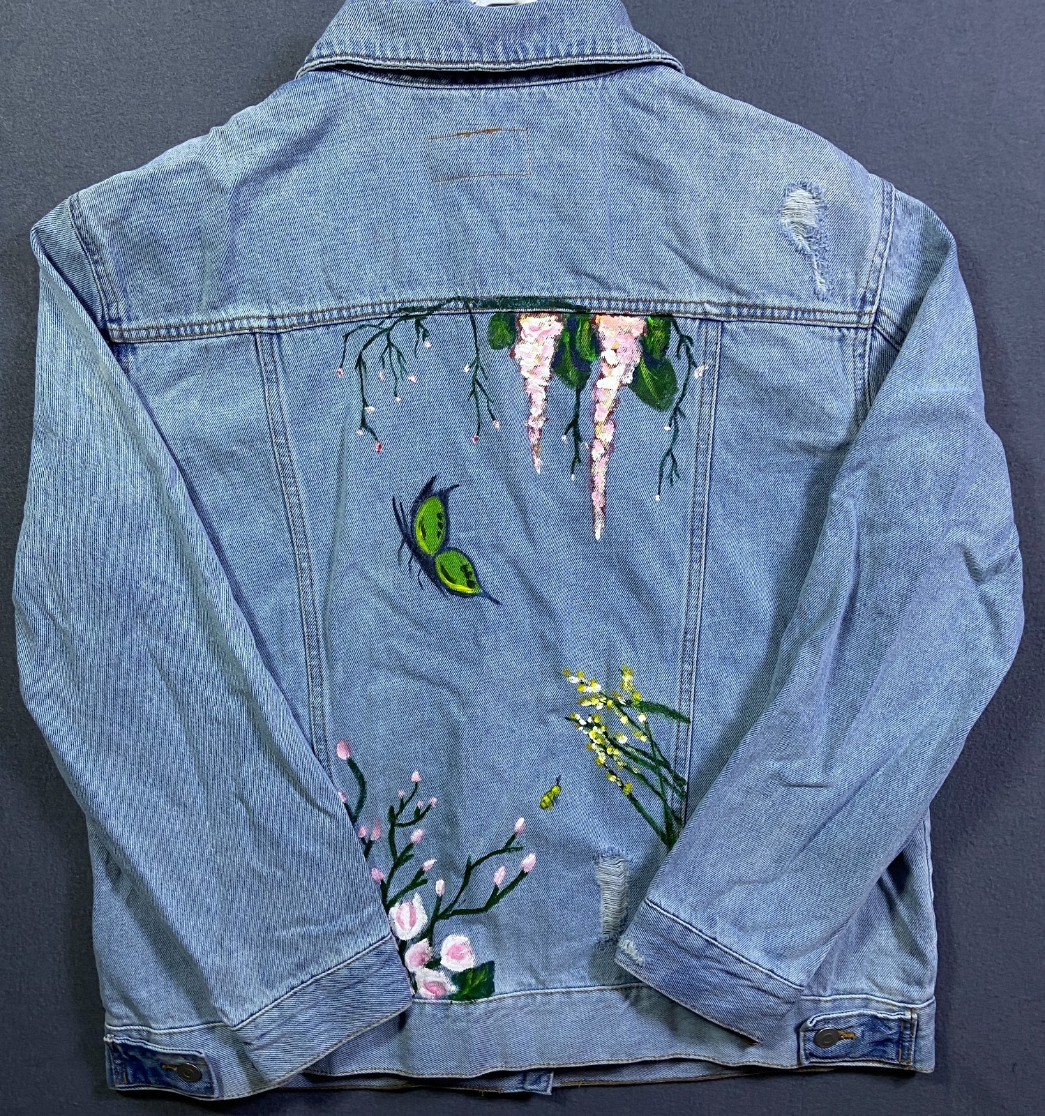 Time and Tru Denim Jean Jacket 1970s Hand Painted Bomber 70s Large 12-14 Retro