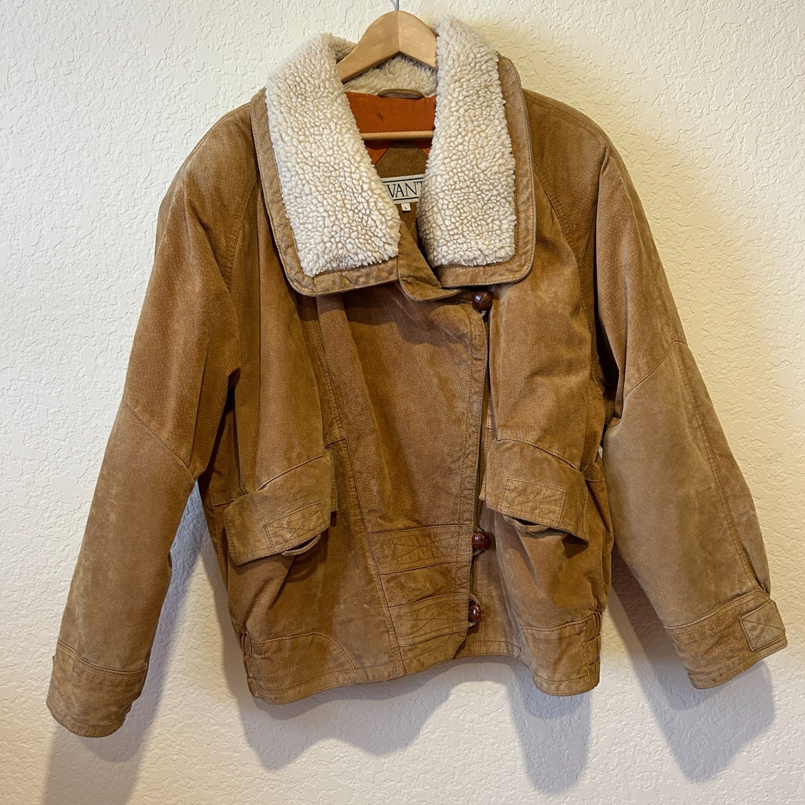 VTG 90s Avanti Suede Leather Bomber Jacket Oversized Sz L Sherpa Fleece Collar