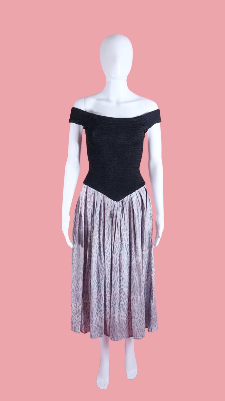 1980s-1990s CLUES COLLECTIONS. Smocked Drop Waist. LEOPARD Print Dress. S-M