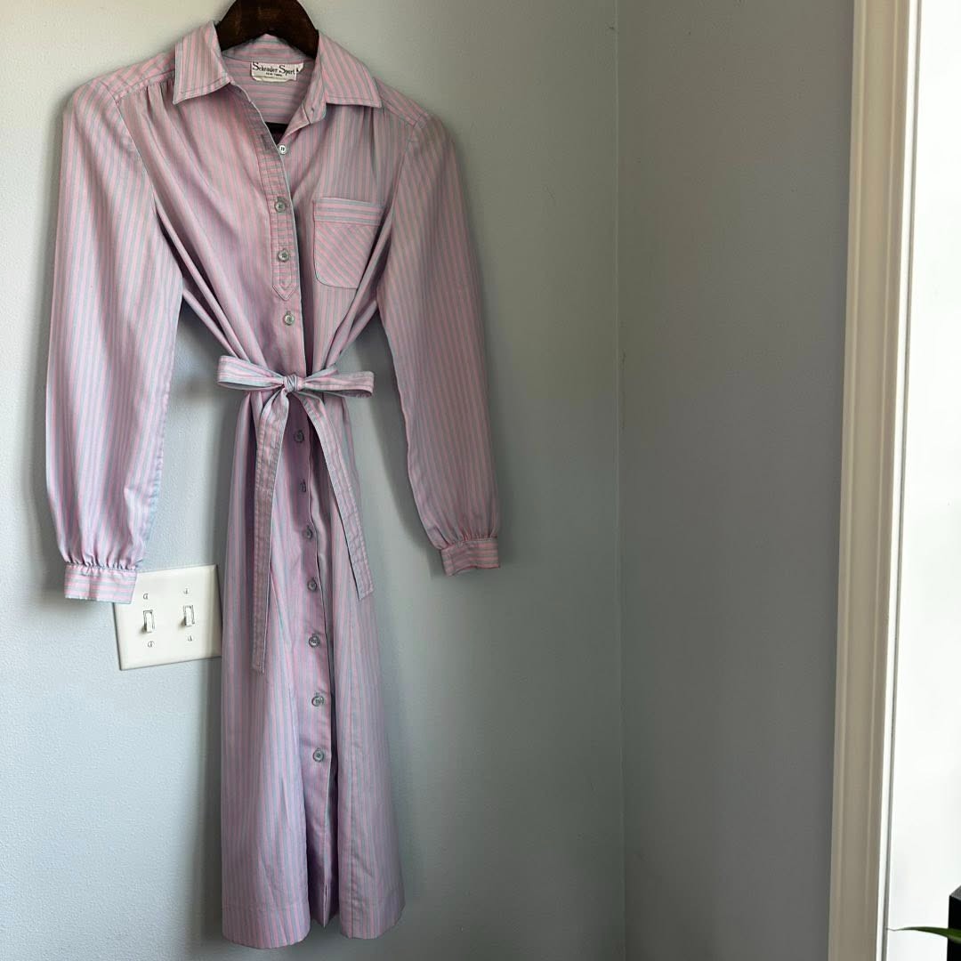 Vintage Shrader Sport Stripe Shirt Dress Pink Blue ILGWU Tie Waist S