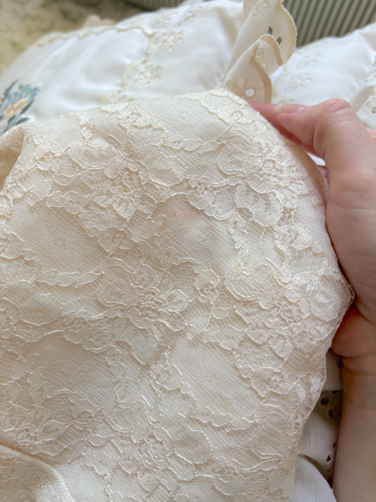 Vintage 60s Cream Lace Wedding Gown: Nylon, Sleeveless, Detachable Rosette Train