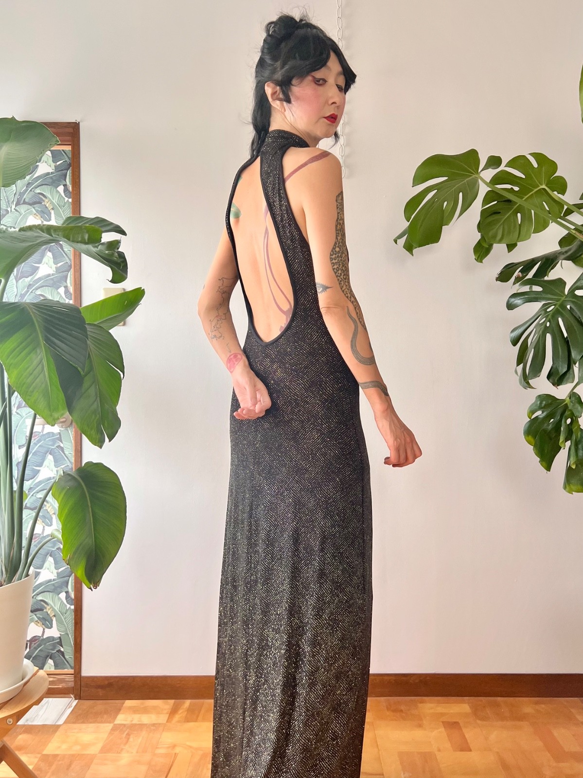 90s Does 70s Caché Open Back Black Glitter Keyhole Halter Maxi Dress Disco Gown