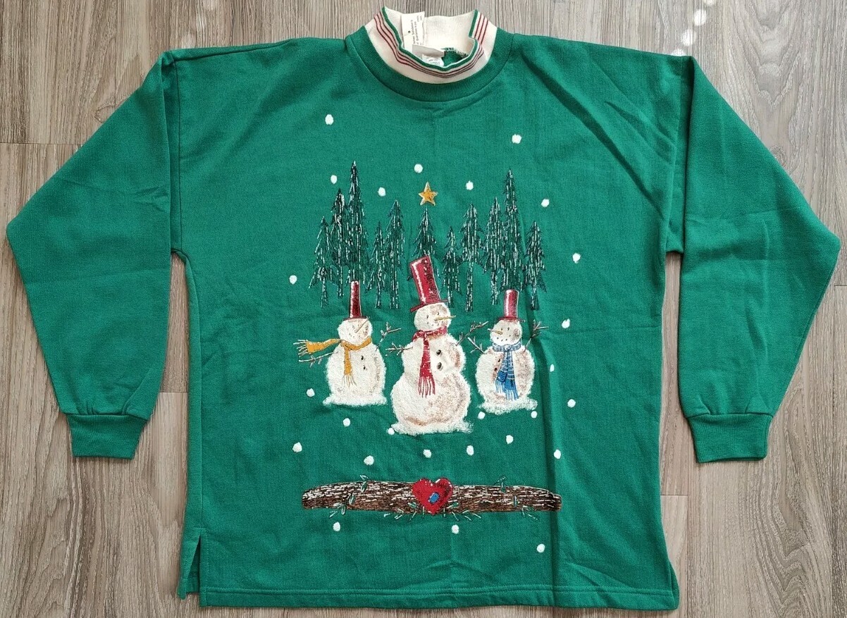 Vintage Holiday Time Christmas Sweater 14W/16W XL Green Snowman Tree 90s AOP NWT