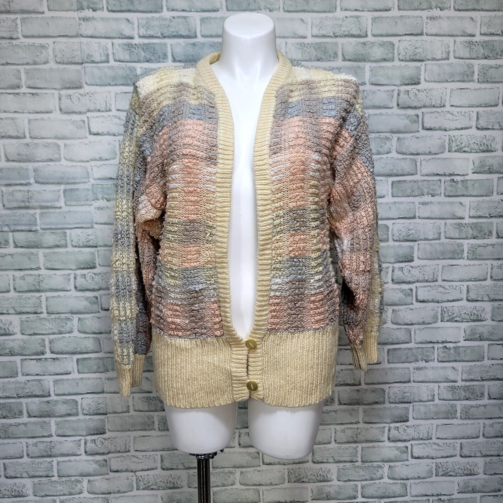 Vintage 80s Lindsay Scott Pastel Striped Acrylic Cardigan Sweater L Hong Kong
