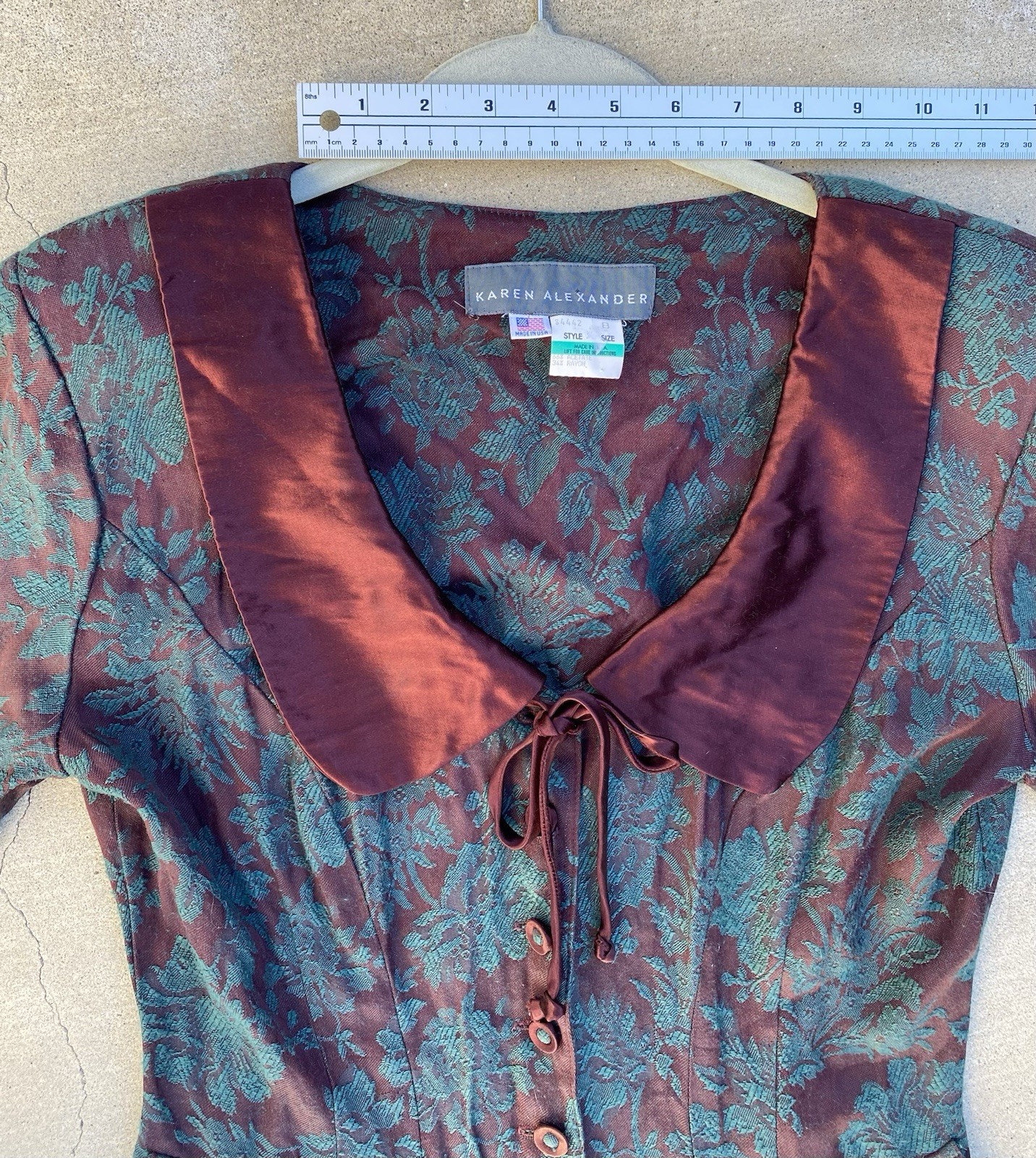Vintage 80s 90s Karen Alexander Floral Jacquard Maxi Dress Burgundy Green USA 8