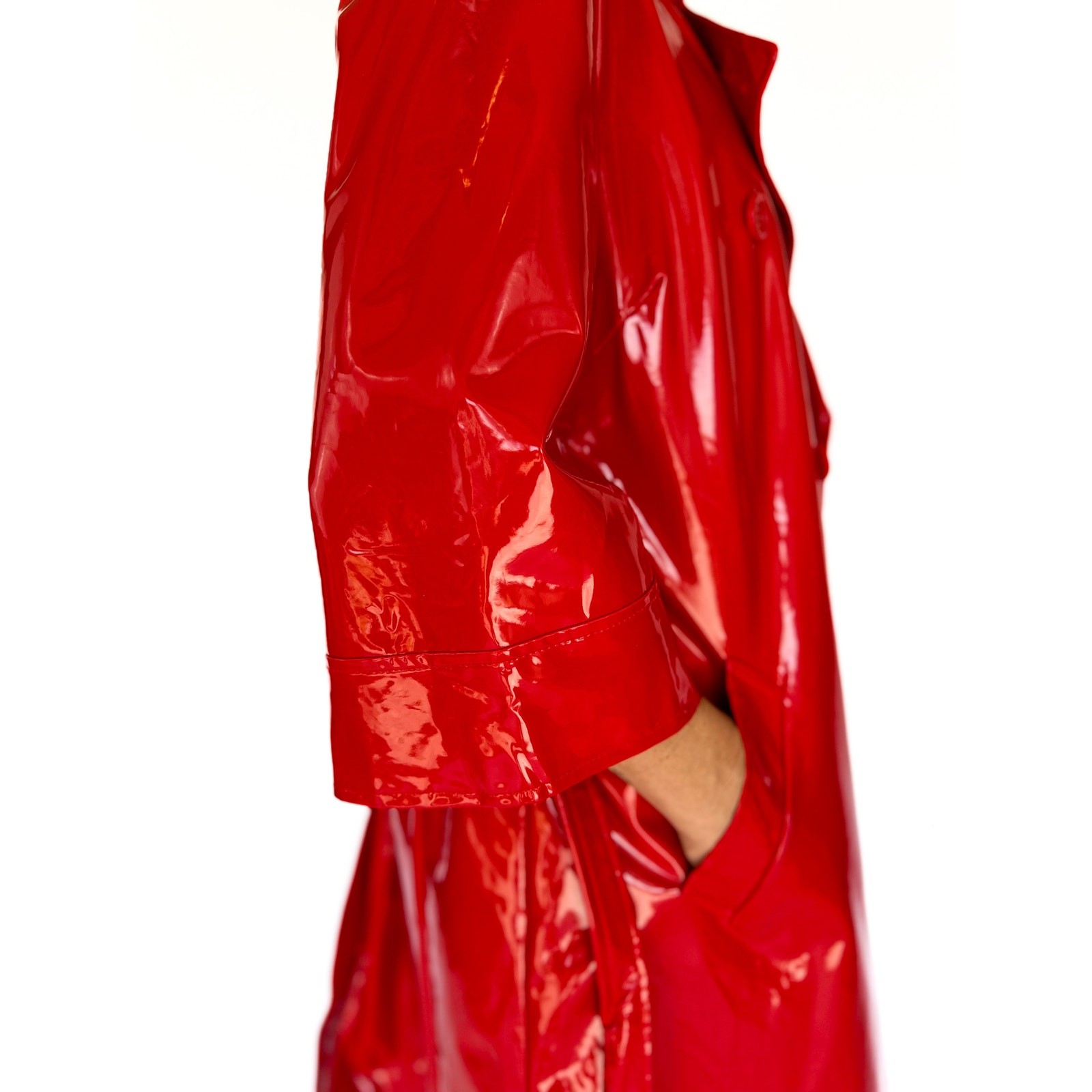 VTG 80s Red Patent Trench Coat Vinyl PVC Glossy Belted Mod Rain Jacket
