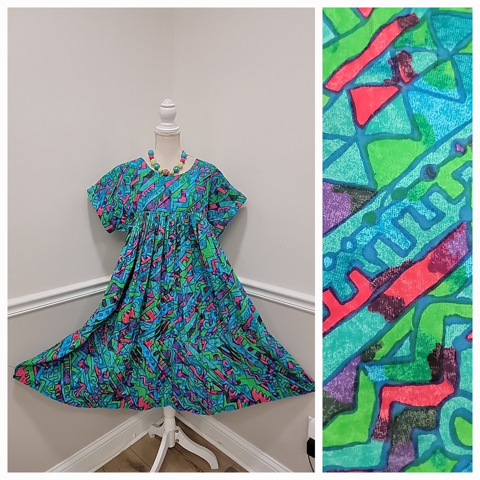 Vintage Psychedelic Tropical Hawaiian Ruffled Hem Mumu Dress—Size S/M
