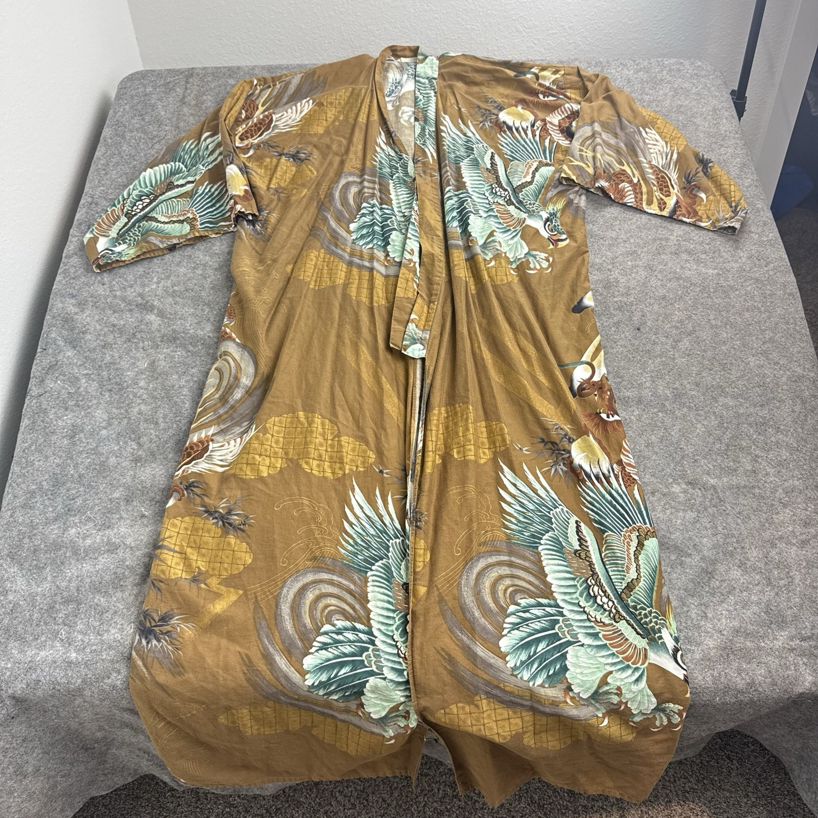 VTG Japanese Kimono Robe Dragon Hawk Eagle Brown Cotton Yukata Men OS Lounger