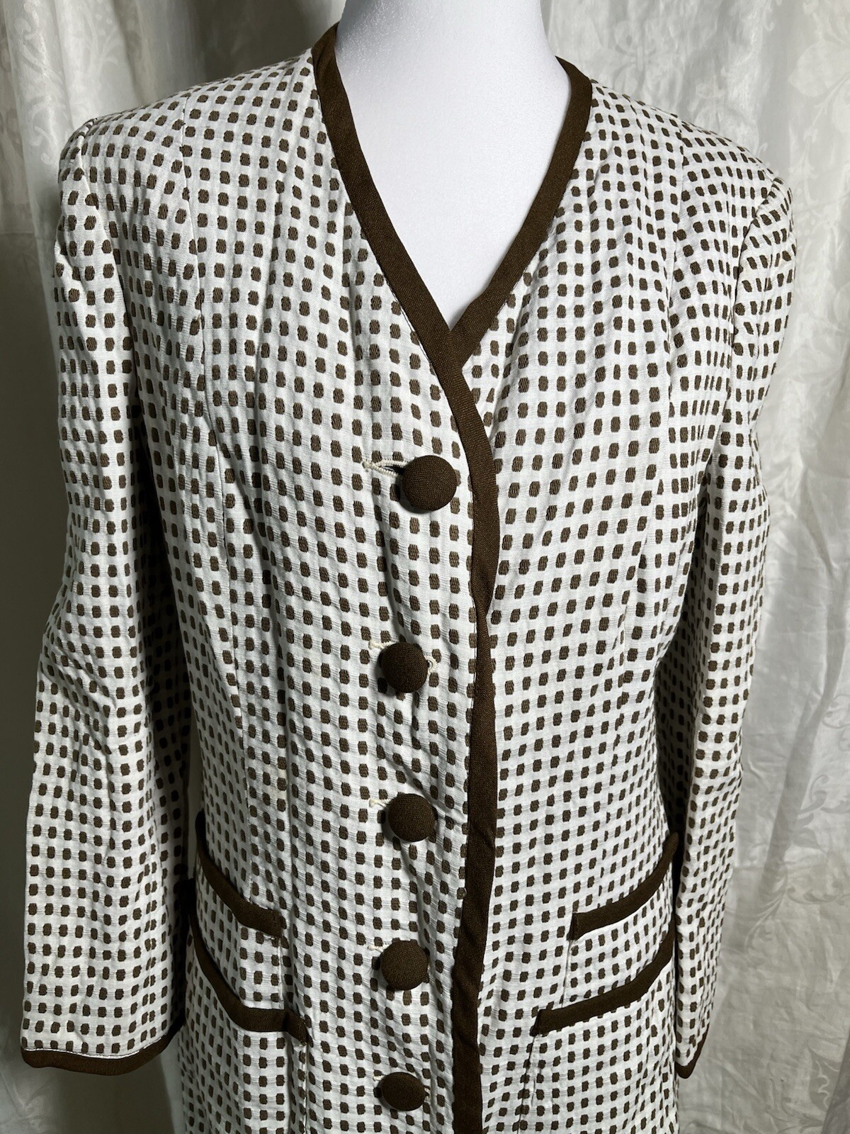 Vtg Coat Jacket White 60s Designer Montaldos Lightweight Brown Polka Dot S M