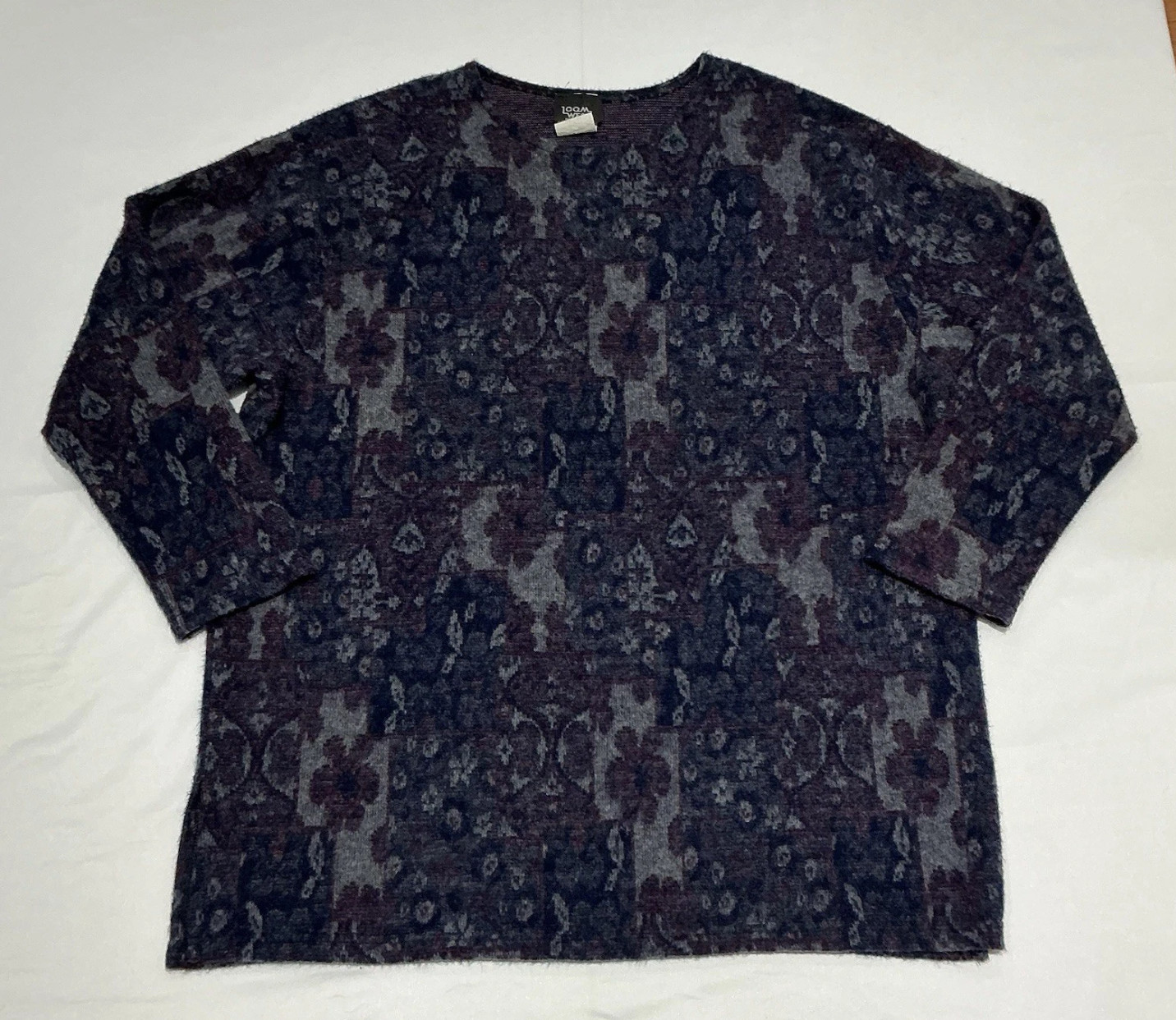 Loom Wear Sweater Womens Large Gray Floral Boho Vintage 80s USA Acrylic Winter