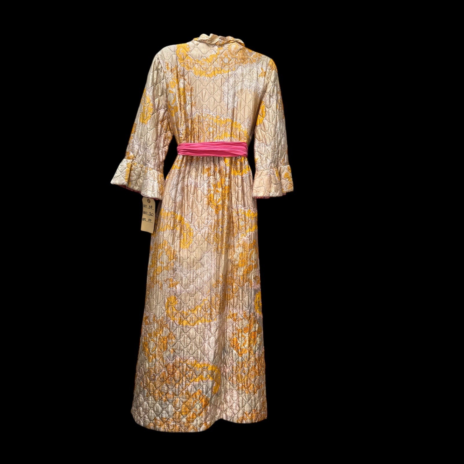Vintage 1960s Quilted Hostess Gown Pink Sash Lounge Robe Psychedelic Print